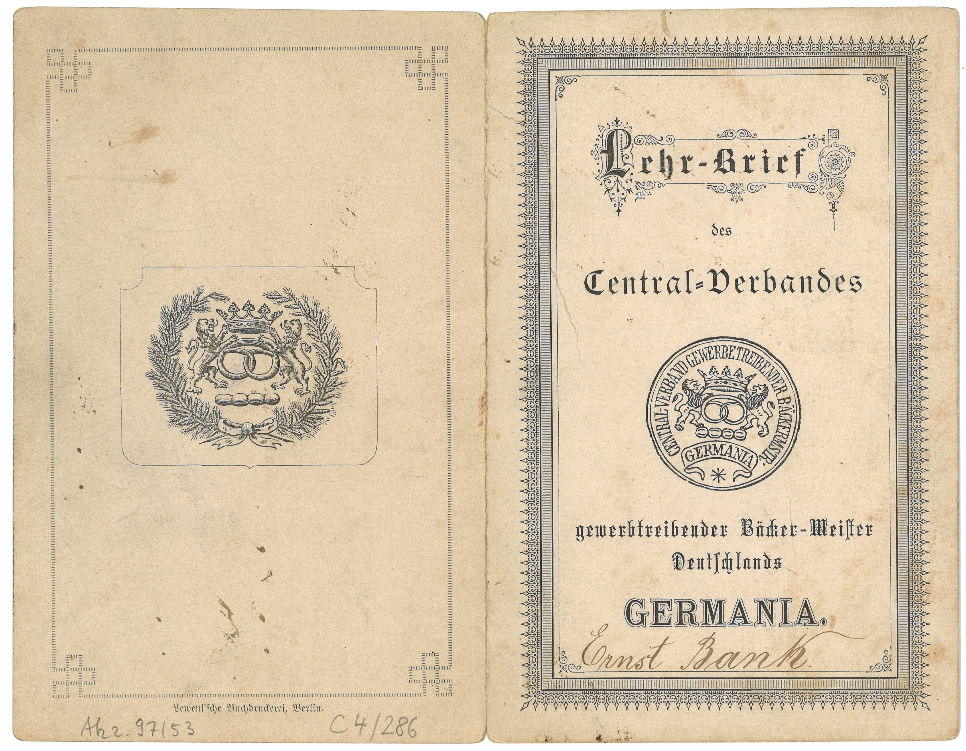 Prüfungzeugnis und Lehrbrief für den Bäcker Ernst Bank in Potsdam (1883) (Landesgeschichtliche Vereinigung für die Mark Brandenburg e.V., Archiv CC BY)