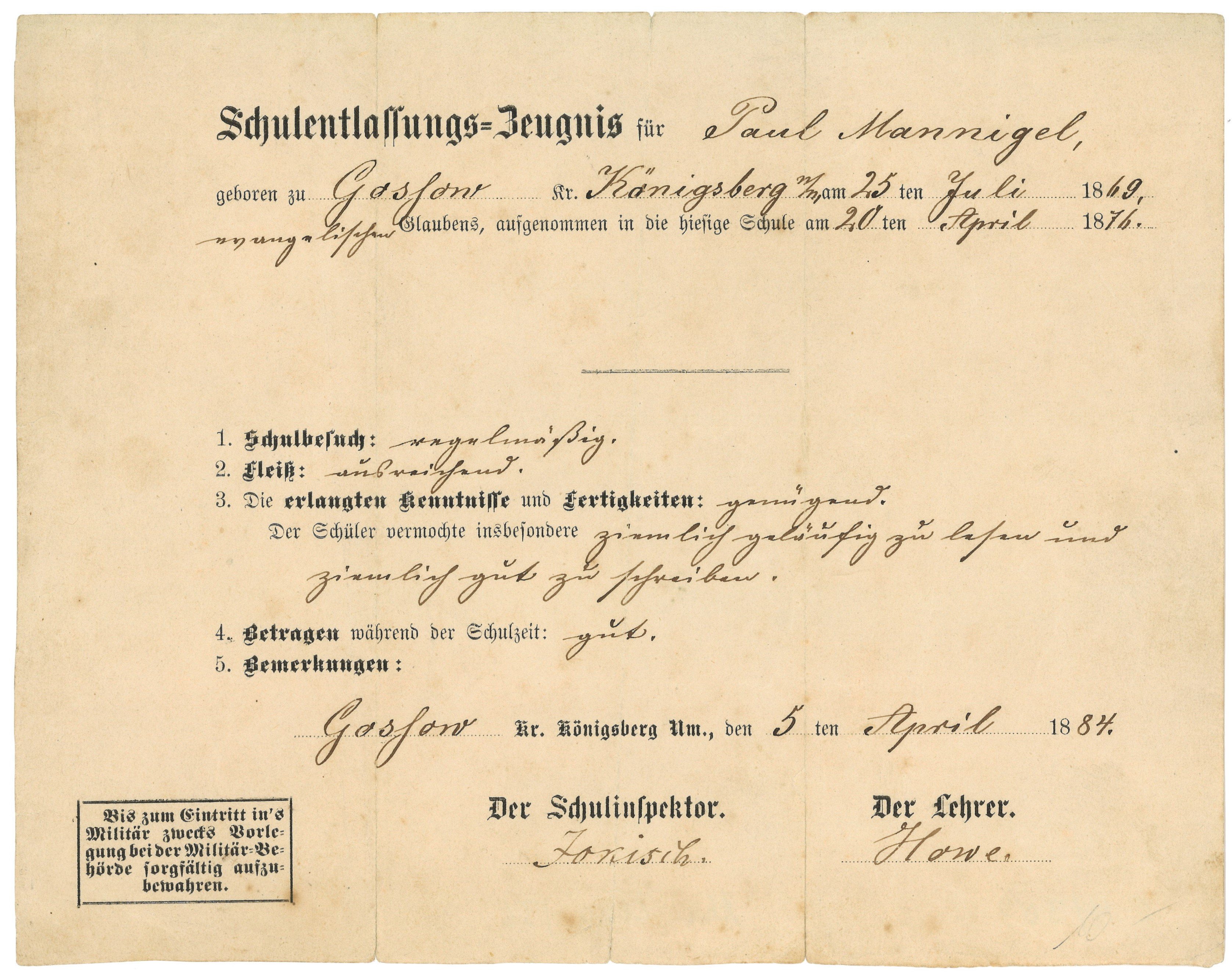Schulentlassungszeugnis für Paul Mannigel in Gossow (Kr. Königsberg/Nm.) [Goszków] 1884 (Landesgeschichtliche Vereinigung für die Mark Brandenburg e.V., Archiv CC BY)