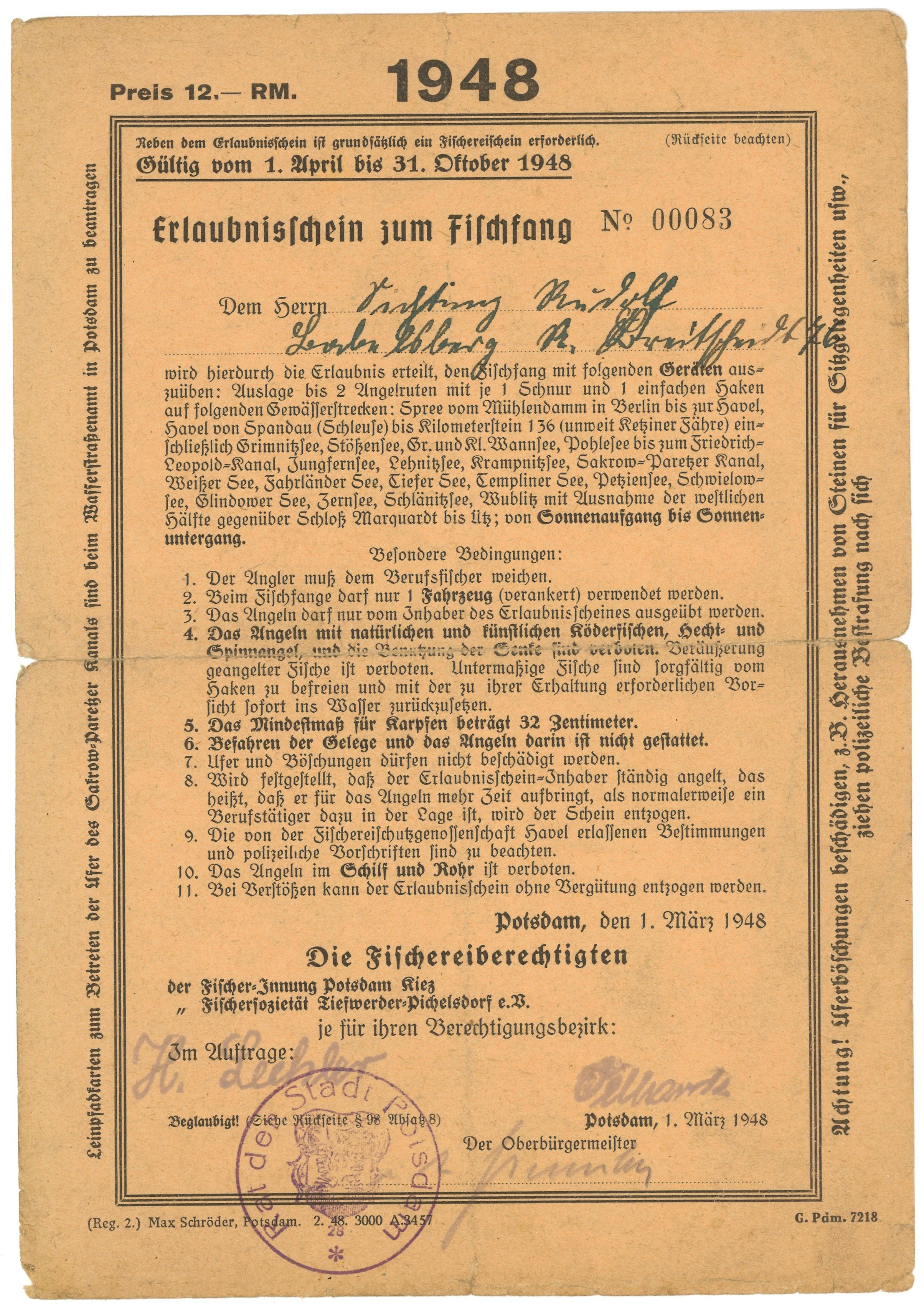 Erlaubnisschein zum Fischfang für Rudolf Sichting in Potsdam-Babelsberg 1948 (Landesgeschichtliche Vereinigung für die Mark Brandenburg e.V., Archiv CC BY)