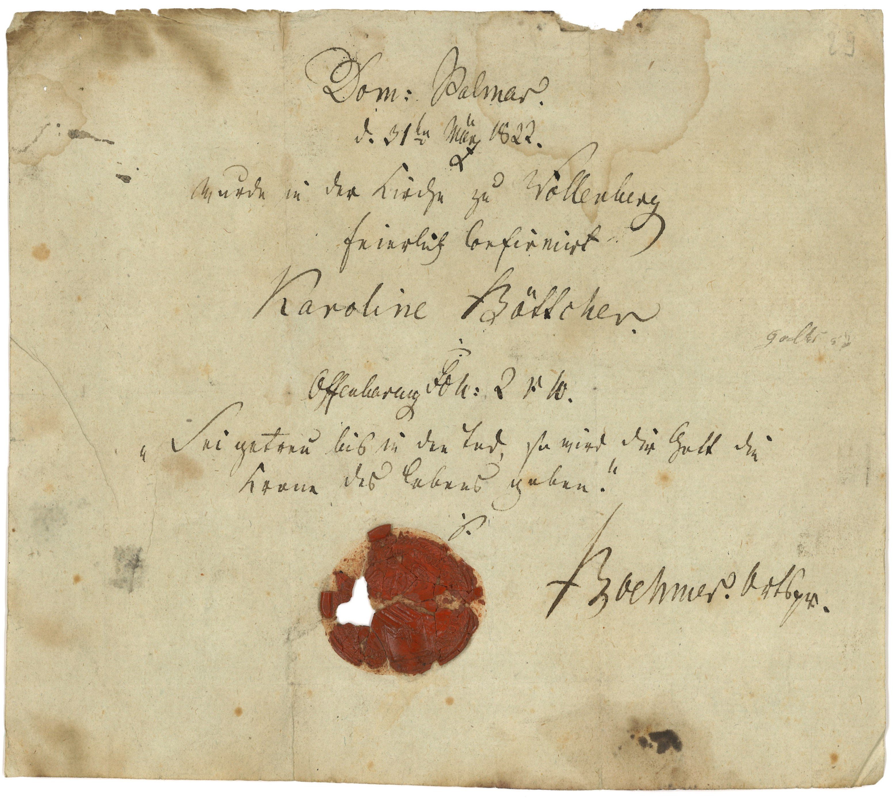 Konfirmationsschein für Karoline Böttcher in Wollenberg 1822 (Landesgeschichtliche Vereinigung für die Mark Brandenburg e.V., Archiv CC BY)
