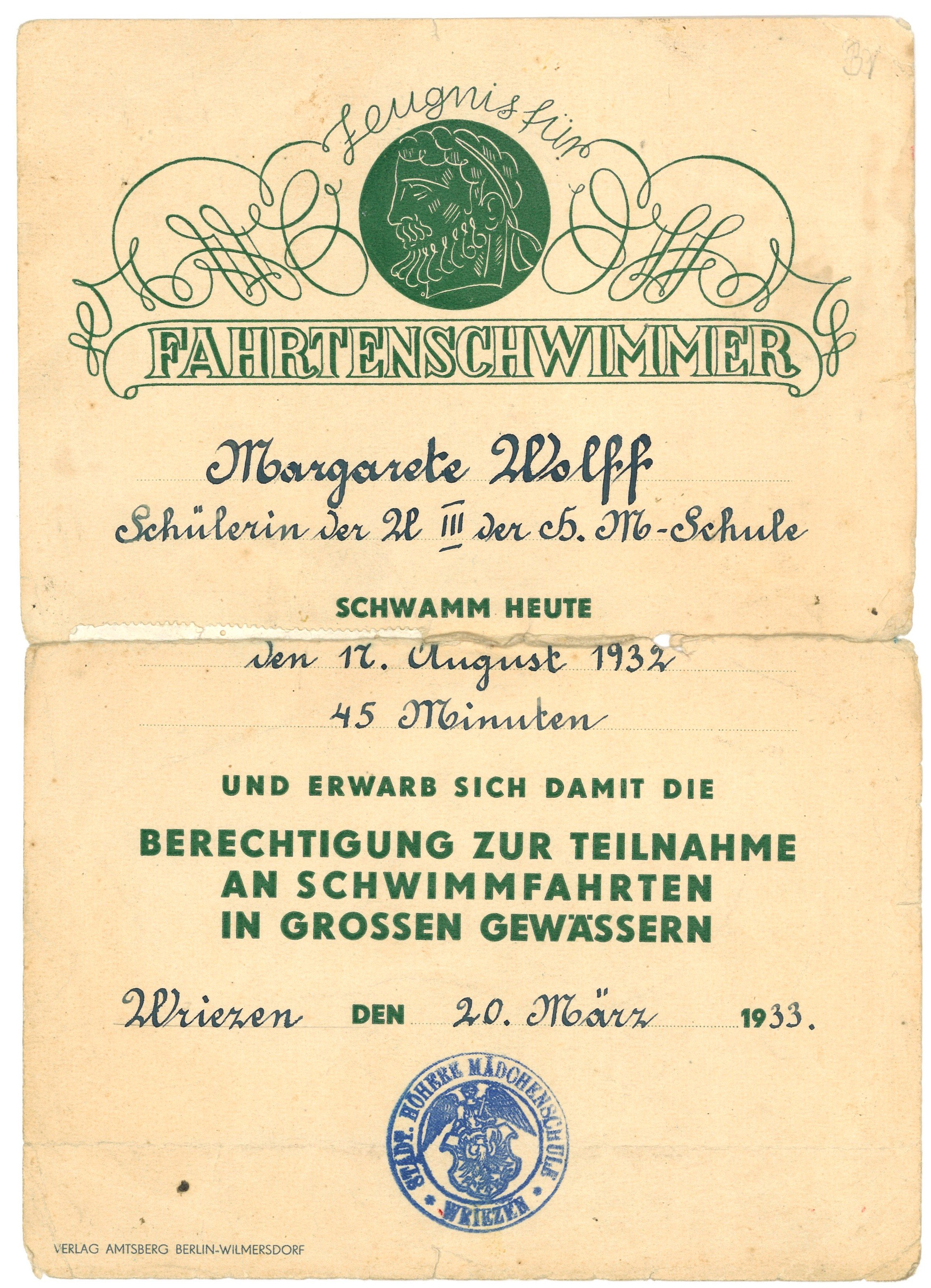 Fahrtenschwimmerzeugnis für Margarete Wolff in Wriezen/Oder 1933 (Landesgeschichtliche Vereinigung für die Mark Brandenburg e.V., Archiv CC BY)
