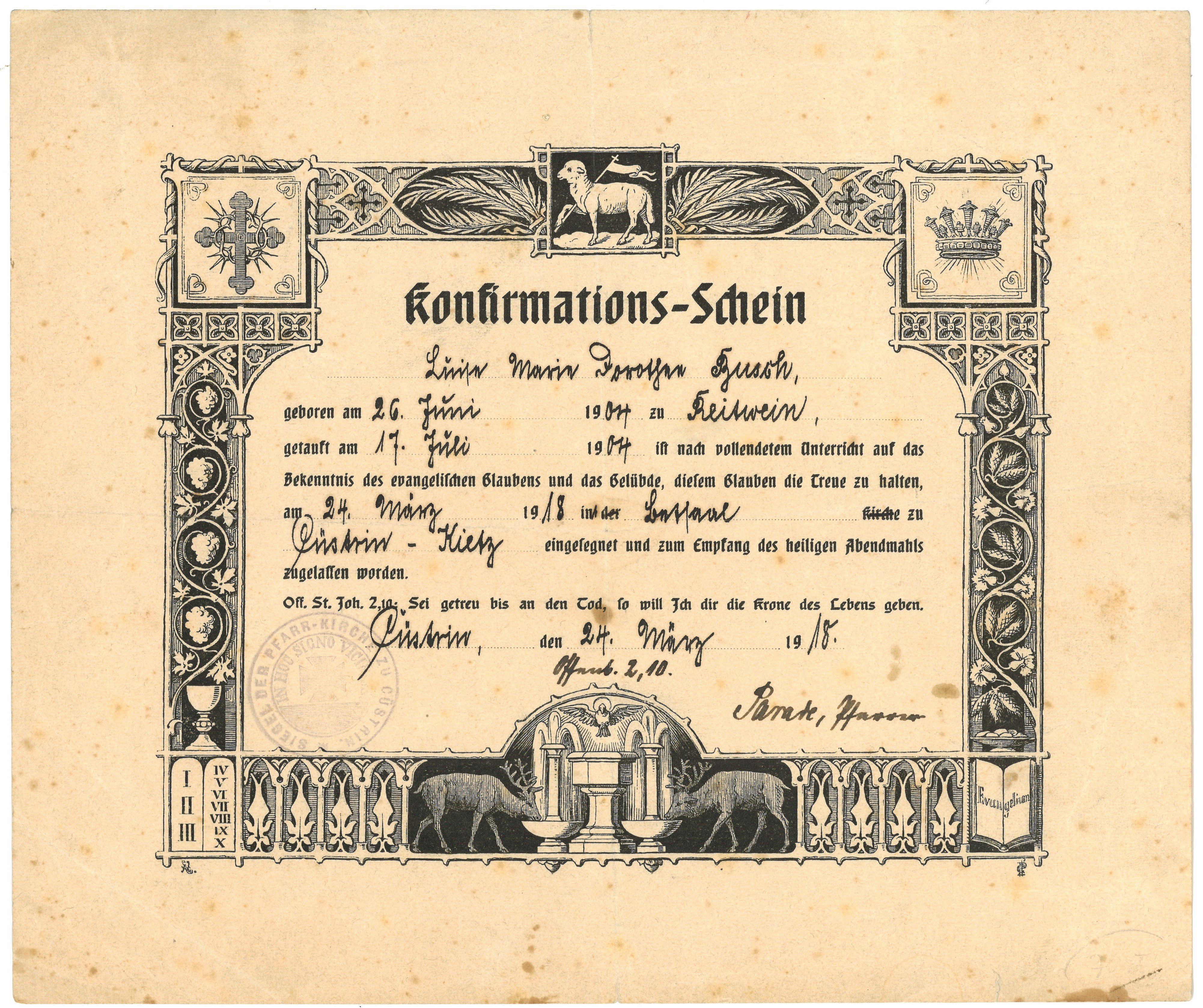 Konfirmationsschein für Luise Marie Dorothee Busch in Küstrin-Kietz 1918 (Landesgeschichtliche Vereinigung für die Mark Brandenburg e.V., Archiv CC BY)