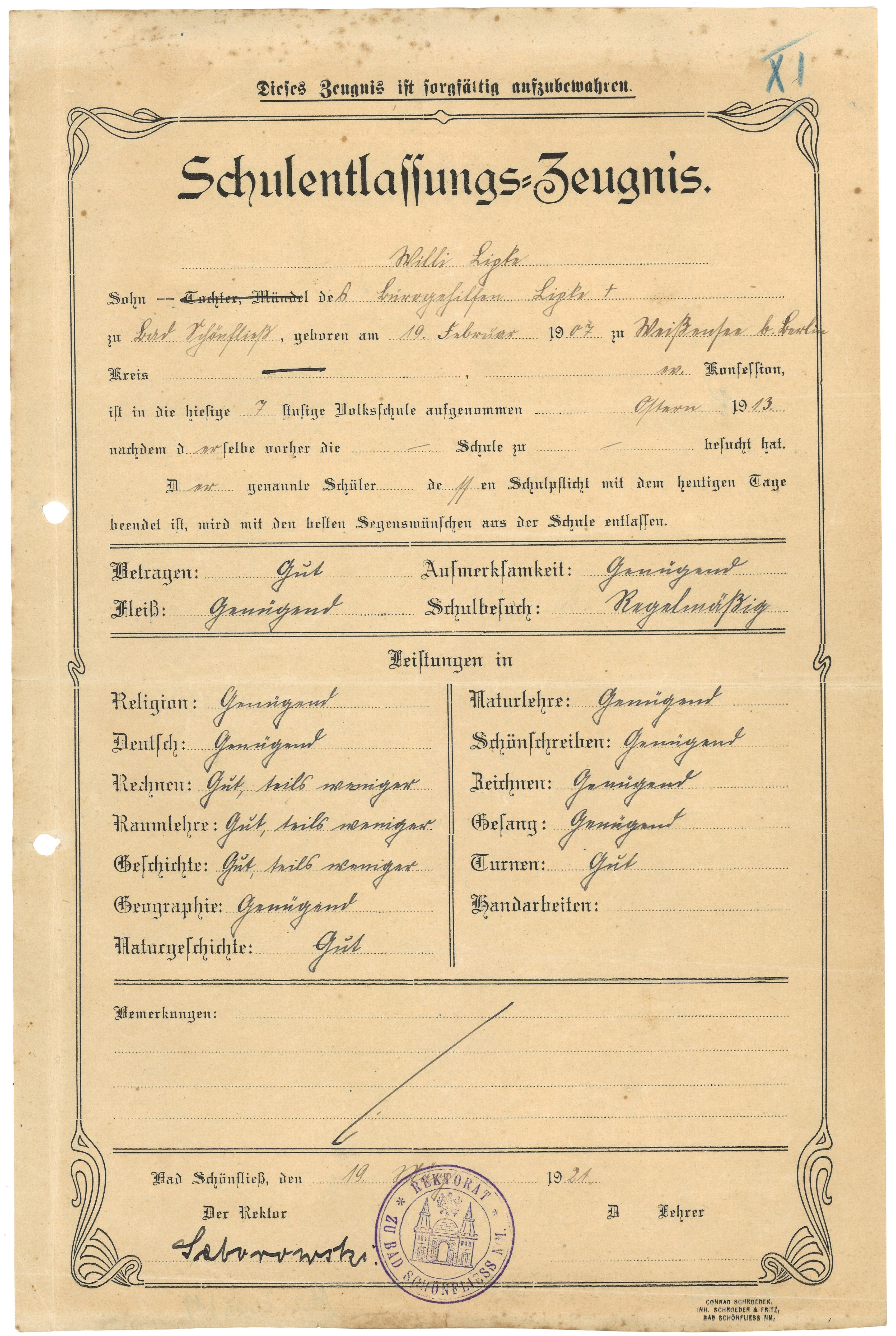 Schulentlassungszeugnis für Willi Lipke in Bad Schönfließ 1921 (Landesgeschichtliche Vereinigung für die Mark Brandenburg e.V., Archiv CC BY)