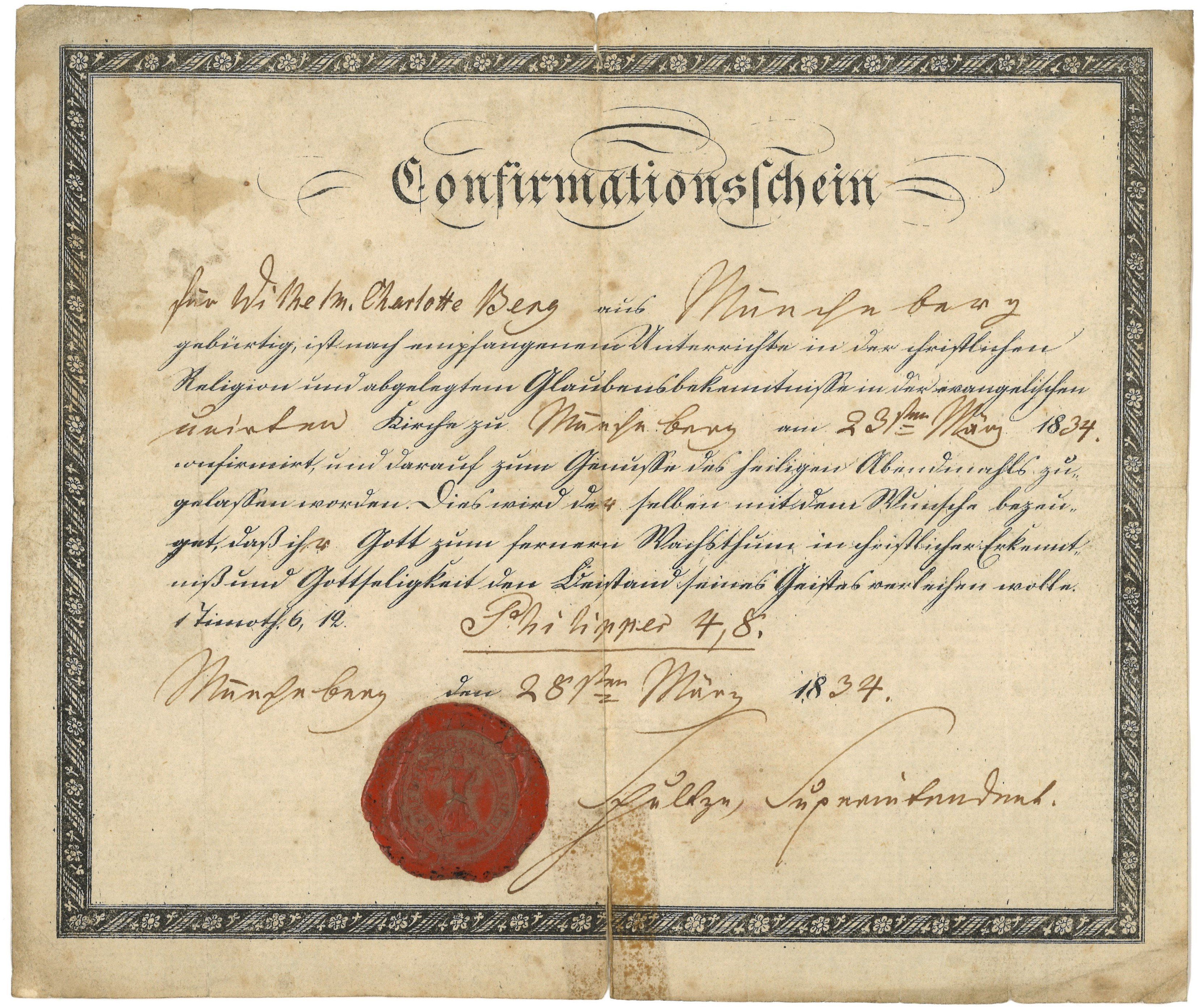 Konfirmationsschein für Wilhelmine Charlotte Berg in Müncheberg 1834 (Landesgeschichtliche Vereinigung für die Mark Brandenburg e.V., Archiv CC BY)