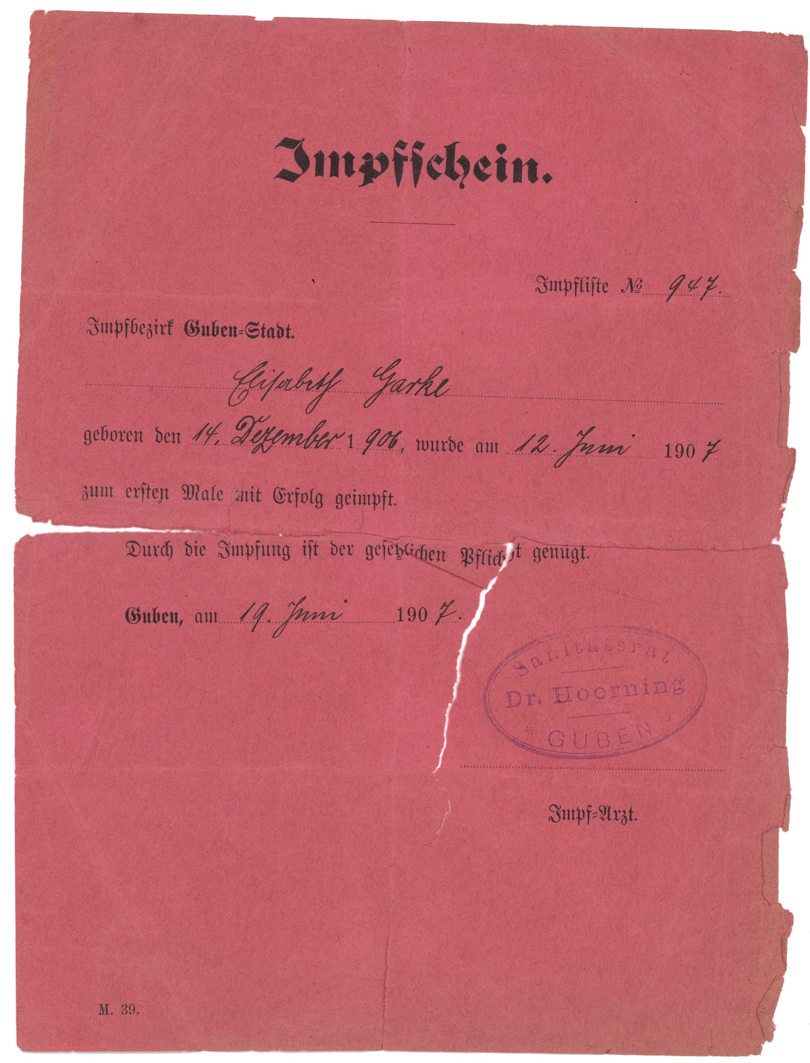 Impfschein für Elisabeth Garke in Guben 1907 (Landesgeschichtliche Vereinigung für die Mark Brandenburg e.V., Archiv CC BY)