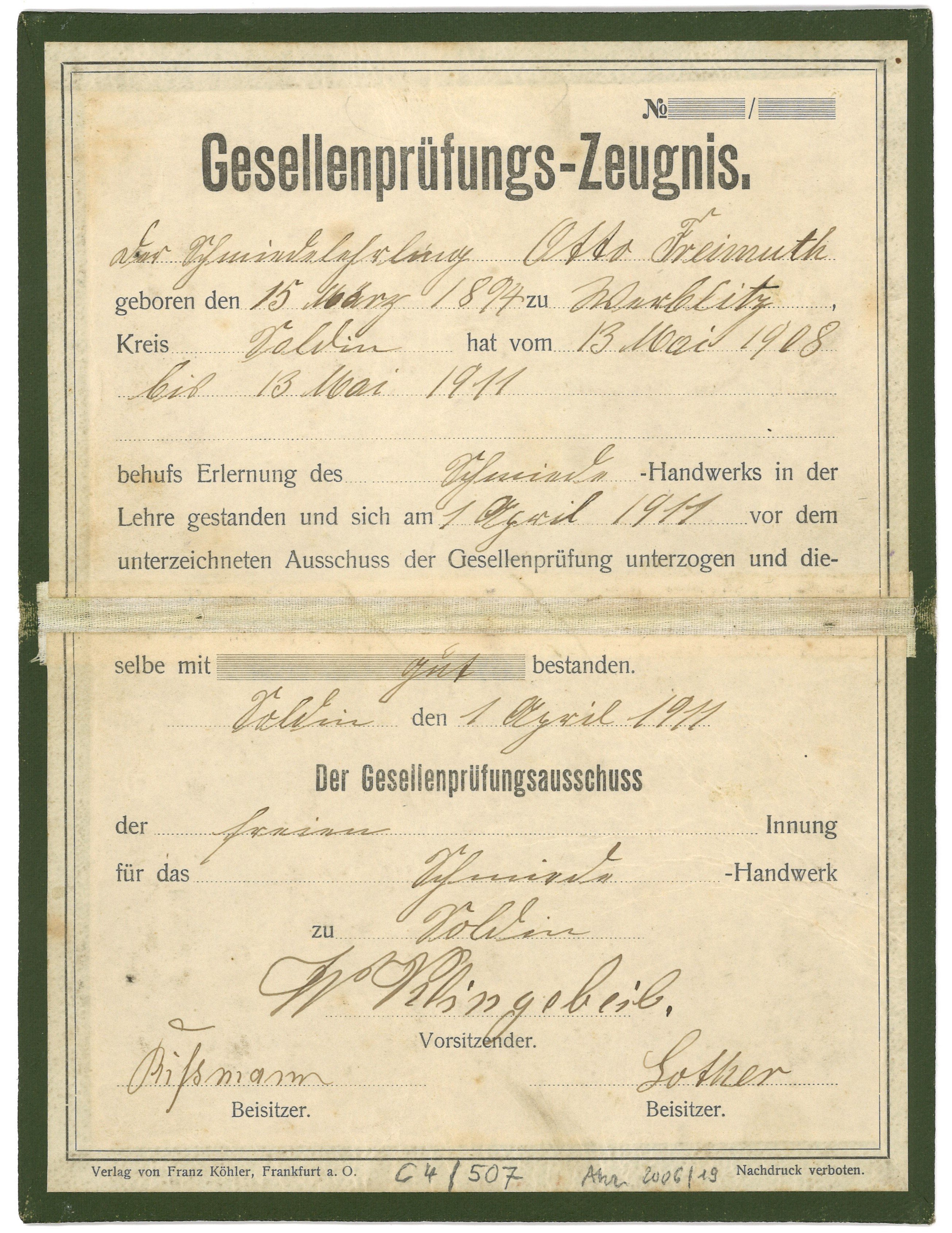 Gesellenprüfungszeugnis für den Schmied Otto Freimuth in Soldin 1911 (Landesgeschichtliche Vereinigung für die Mark Brandenburg e.V., Archiv CC BY)