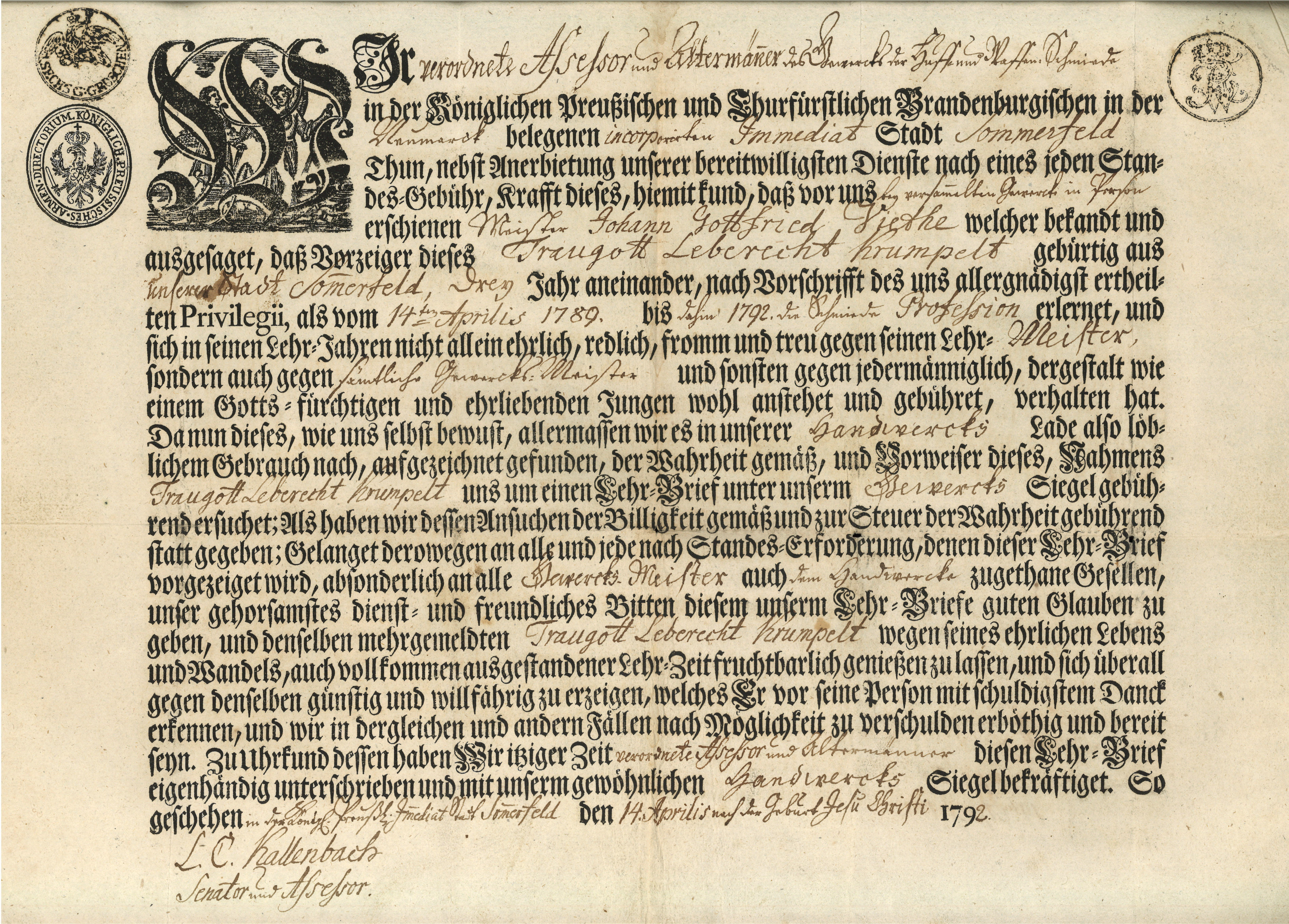 Lehrbrief für den Schmied Traugott Leberecht Krumpelt in Sommerfeld (Niederlausitz) [Lubsko] 1792 (Landesgeschichtliche Vereinigung für die Mark Brandenburg e.V., Archiv CC BY)