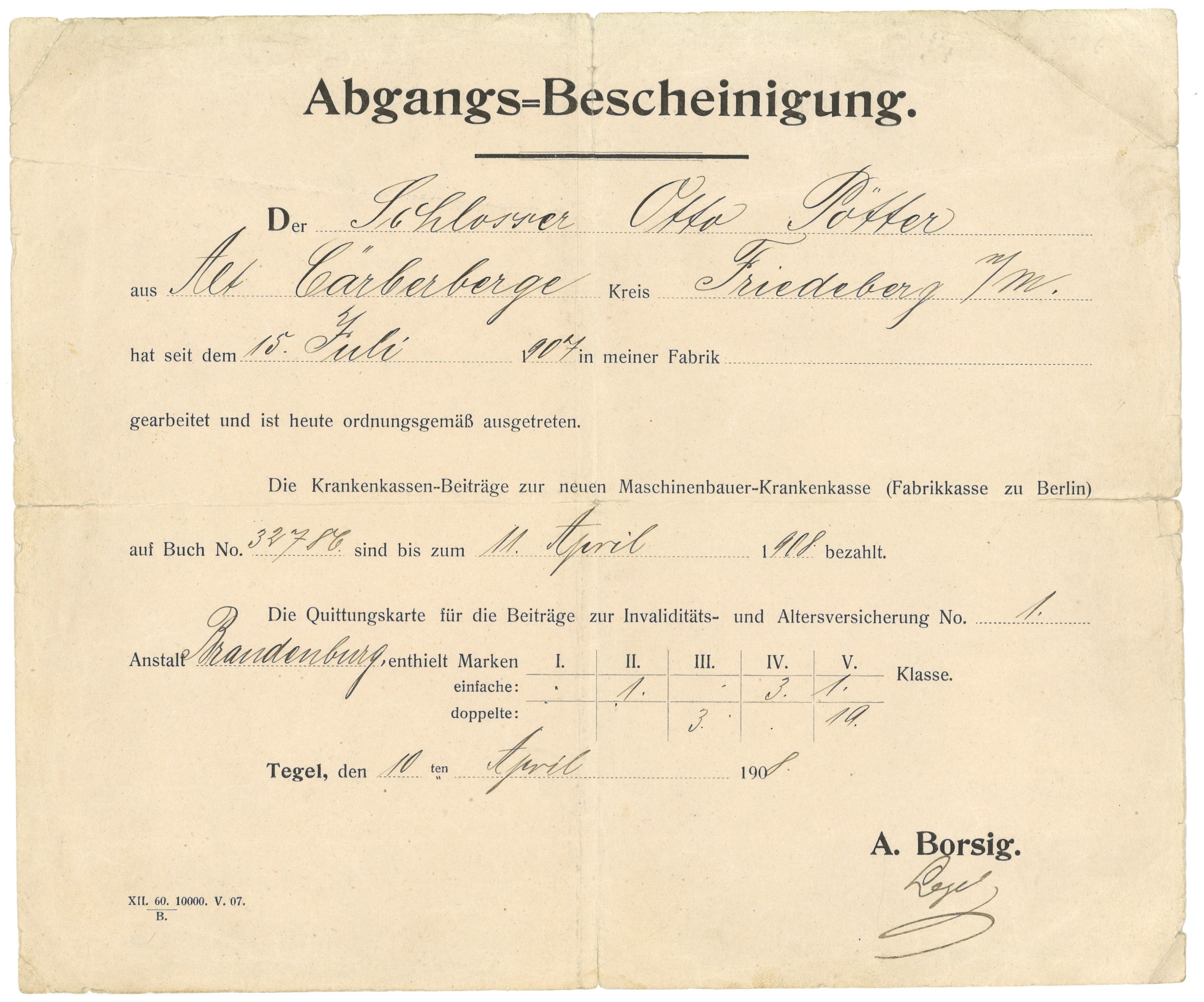 Abgangsbescheinigung der Firma Borsig in (Berlin-)Tegel für den Schlosser Otto Pötter 1908 (Landesgeschichtliche Vereinigung für die Mark Brandenburg e.V., Archiv CC BY)