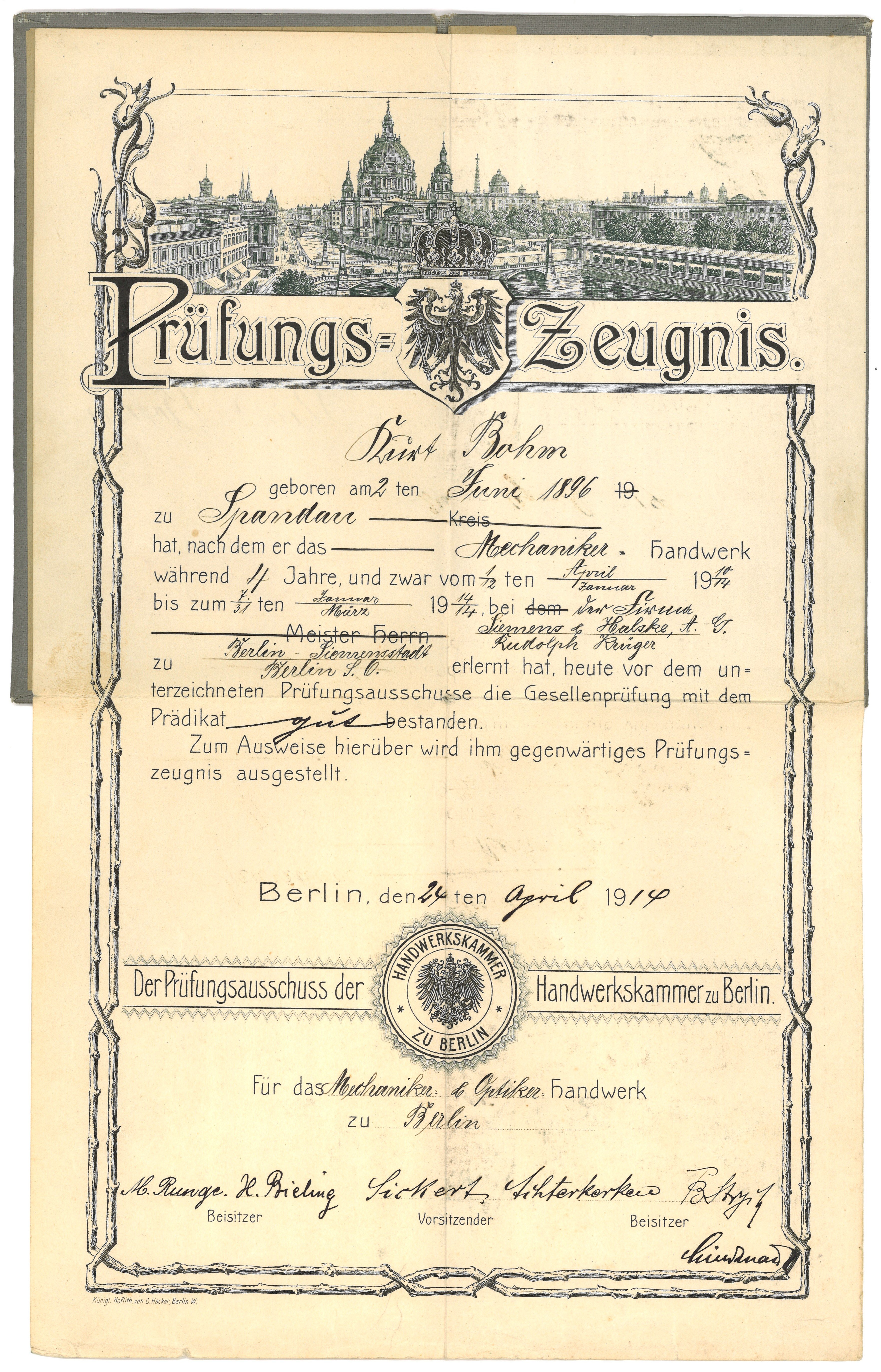 Lehrbrief für den Mechaniker Kurt Bohm in Berlin 1914 (Landesgeschichtliche Vereinigung für die Mark Brandenburg e.V., Archiv CC BY)