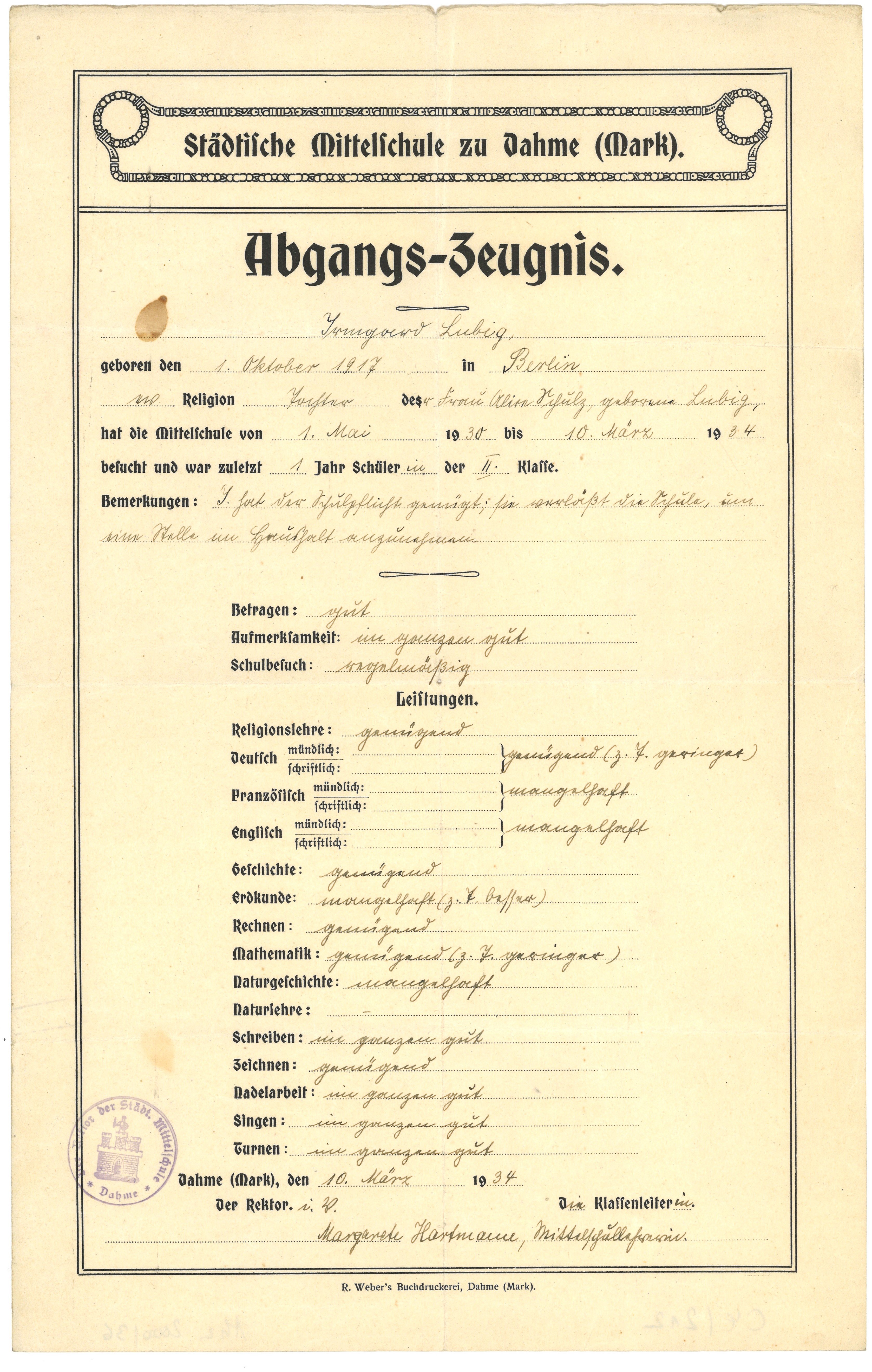 Abgangszeugnis der Städtischen Mittelschule Dahme (Mark) für Irmgard Lubig 1934 (Landesgeschichtliche Vereinigung für die Mark Brandenburg e.V., Archiv CC BY)