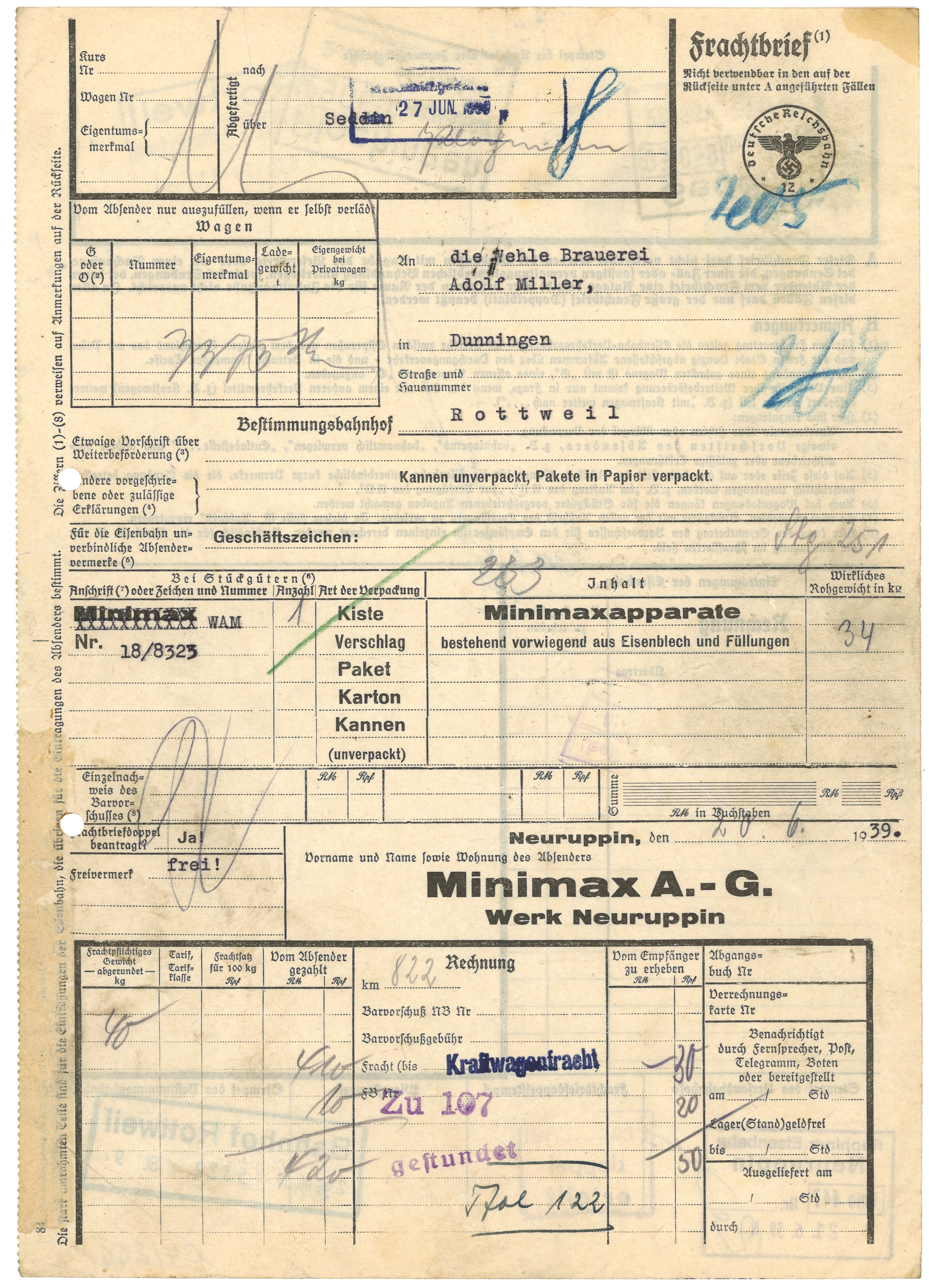 Frachtbrief der Minimax AG in Neuruppin 1939 (Landesgeschichtliche Vereinigung für die Mark Brandenburg e.V., Archiv CC BY)