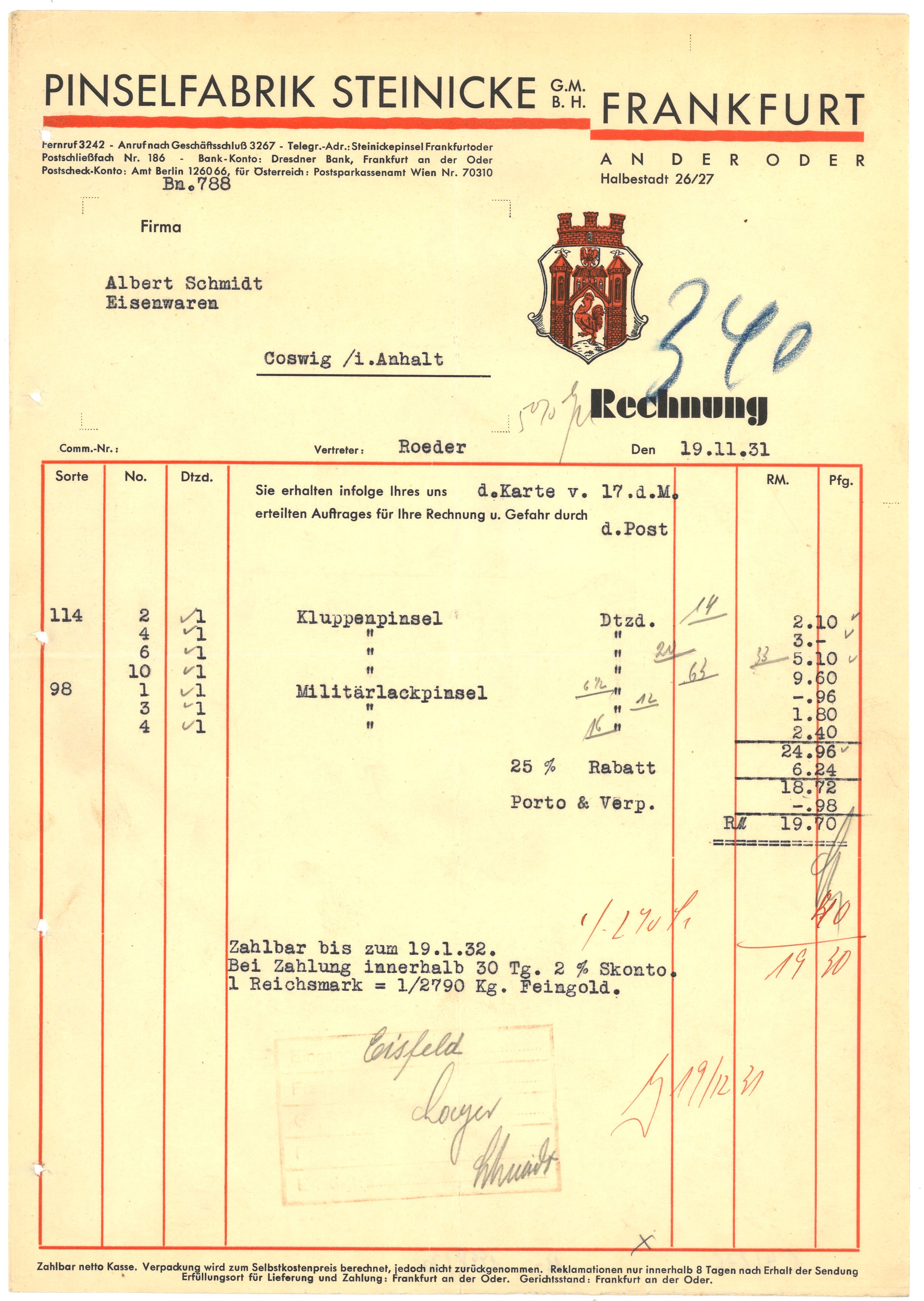 Rechnung der Pinselfabrik Steinicke in Frankfurt (Oder) 1931 (Landesgeschichtliche Vereinigung für die Mark Brandenburg e.V., Archiv CC BY)