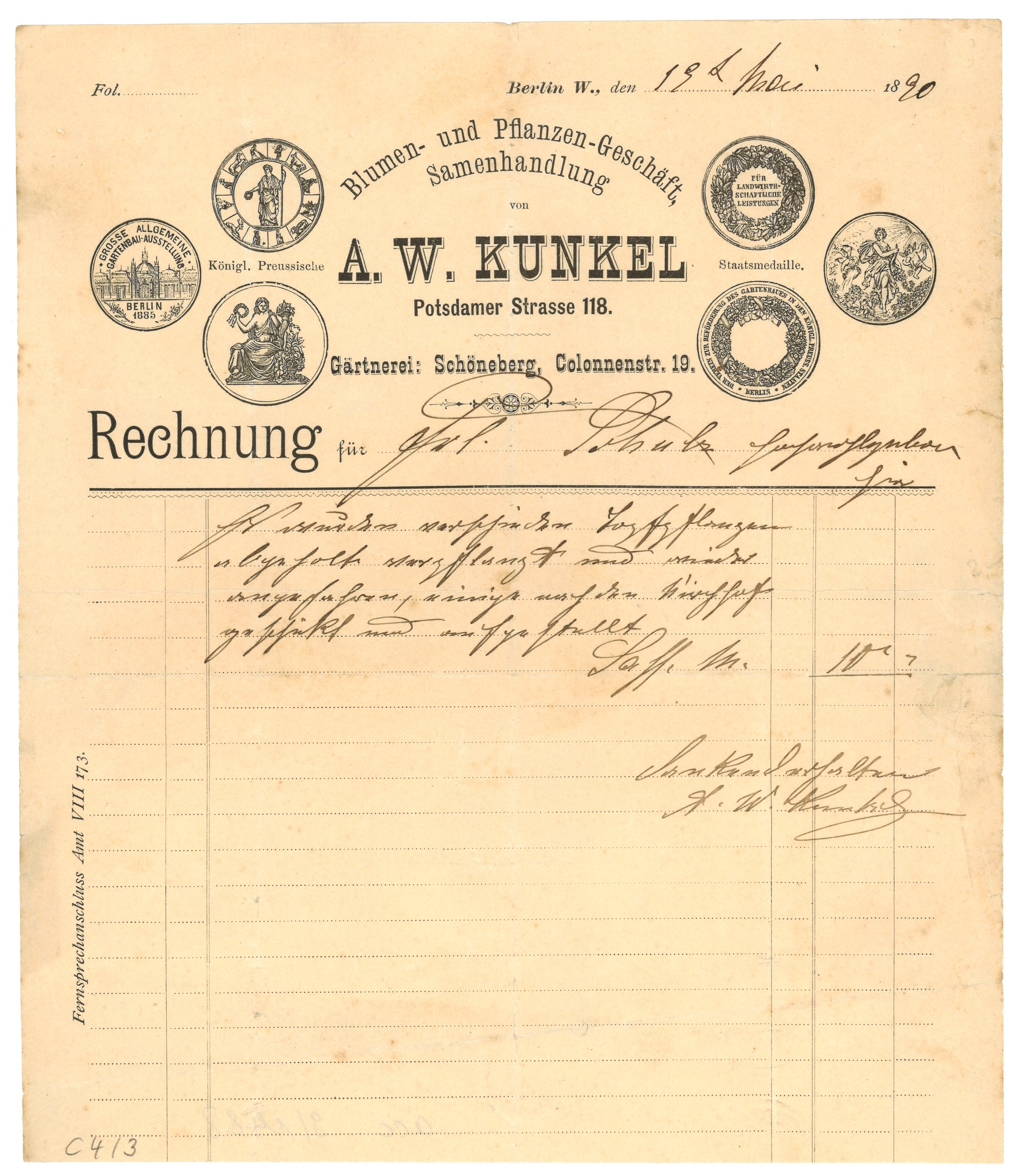 Rechnung der Blumen- und Pflanzenhandlung A. W. Kunkel in Berlin 1890 (Landesgeschichtliche Vereinigung für die Mark Brandenburg e.V., Archiv CC BY)