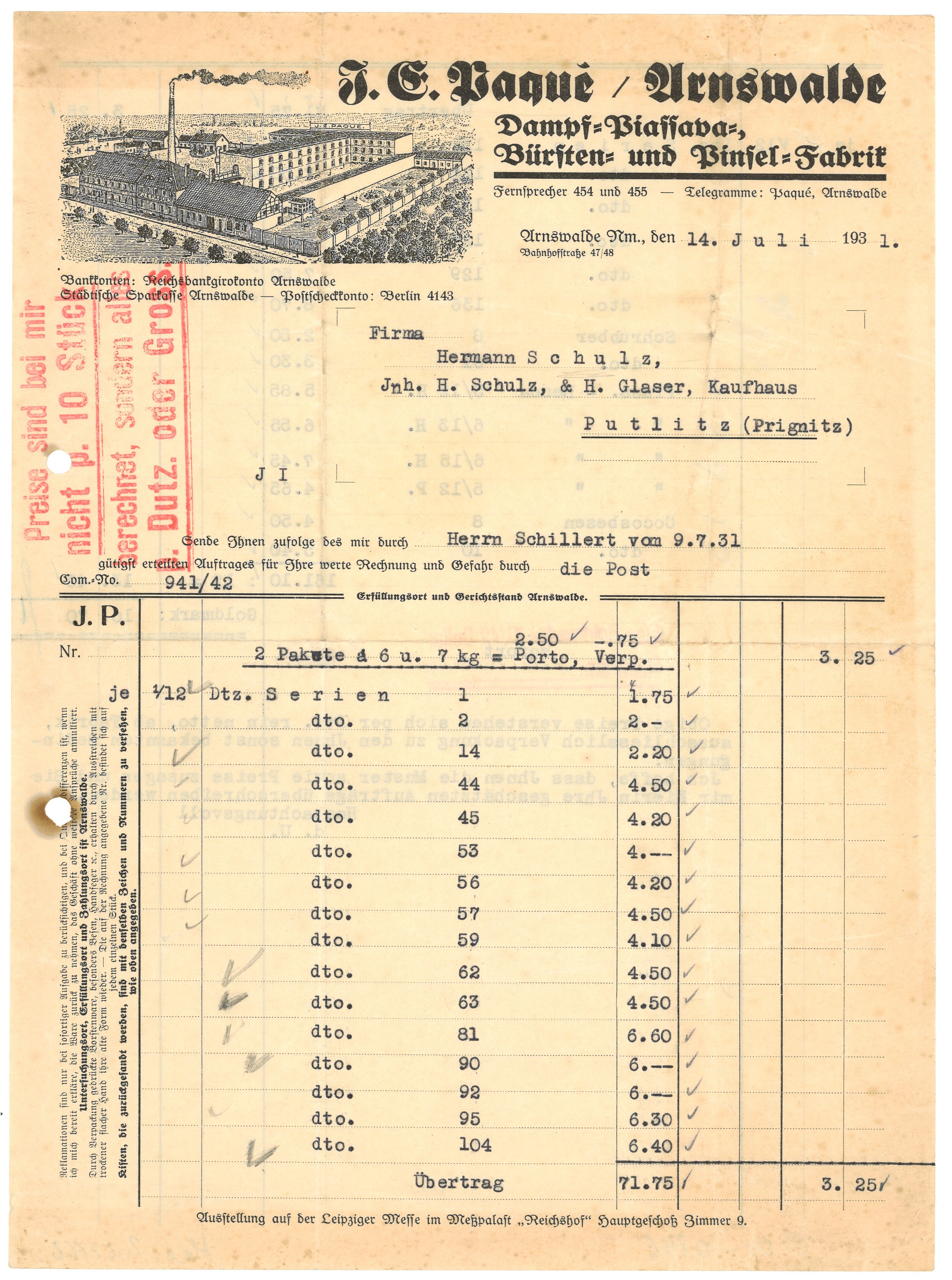 Rechnung der Firma J. E. Paqué in Arnswalde 1931 (Landesgeschichtliche Vereinigung für die Mark Brandenburg e.V., Archiv CC BY)