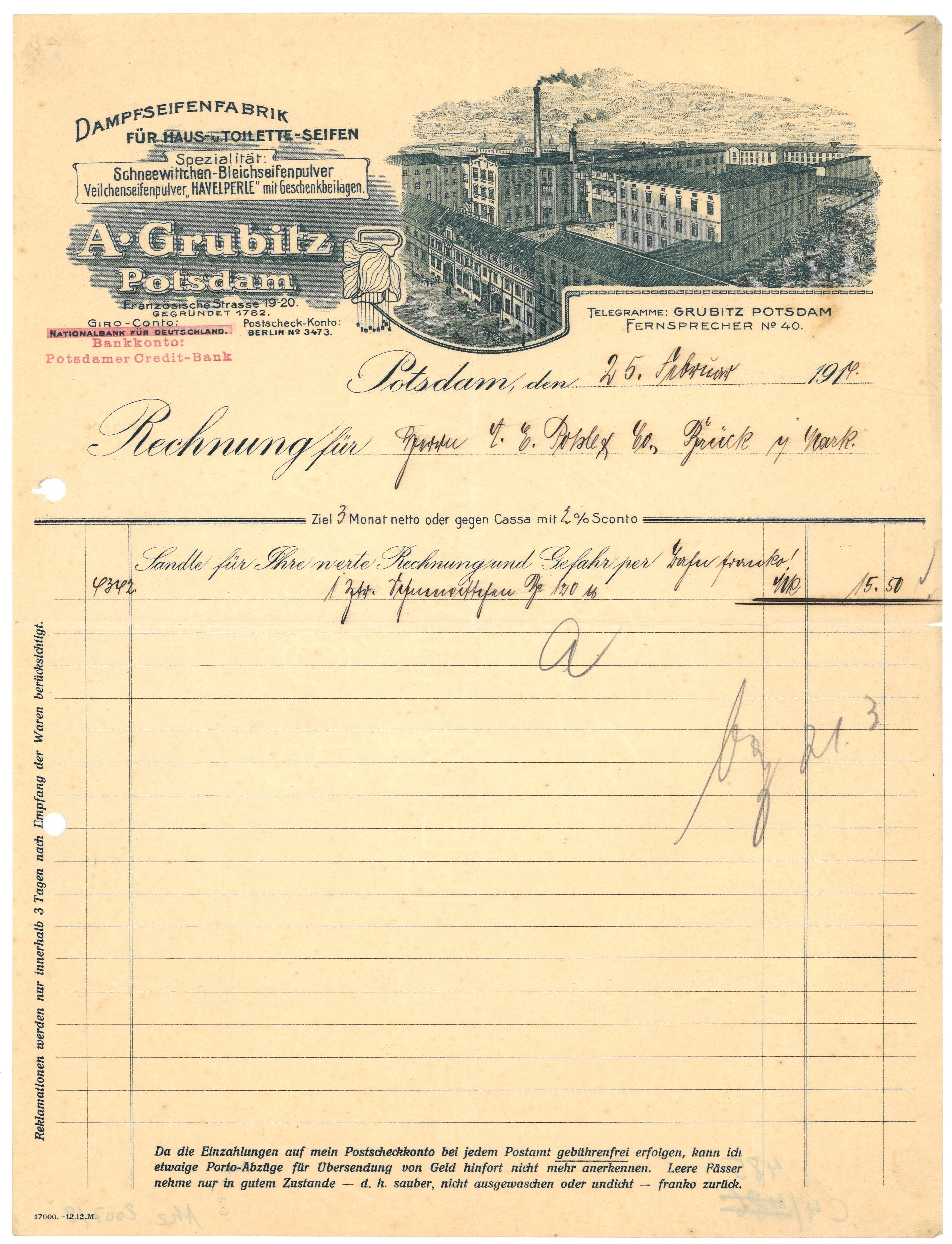 Rechnung der Seifenfabrik A. Grubitz in Potsdam 1914 (Landesgeschichtliche Vereinigung für die Mark Brandenburg e.V., Archiv CC BY)