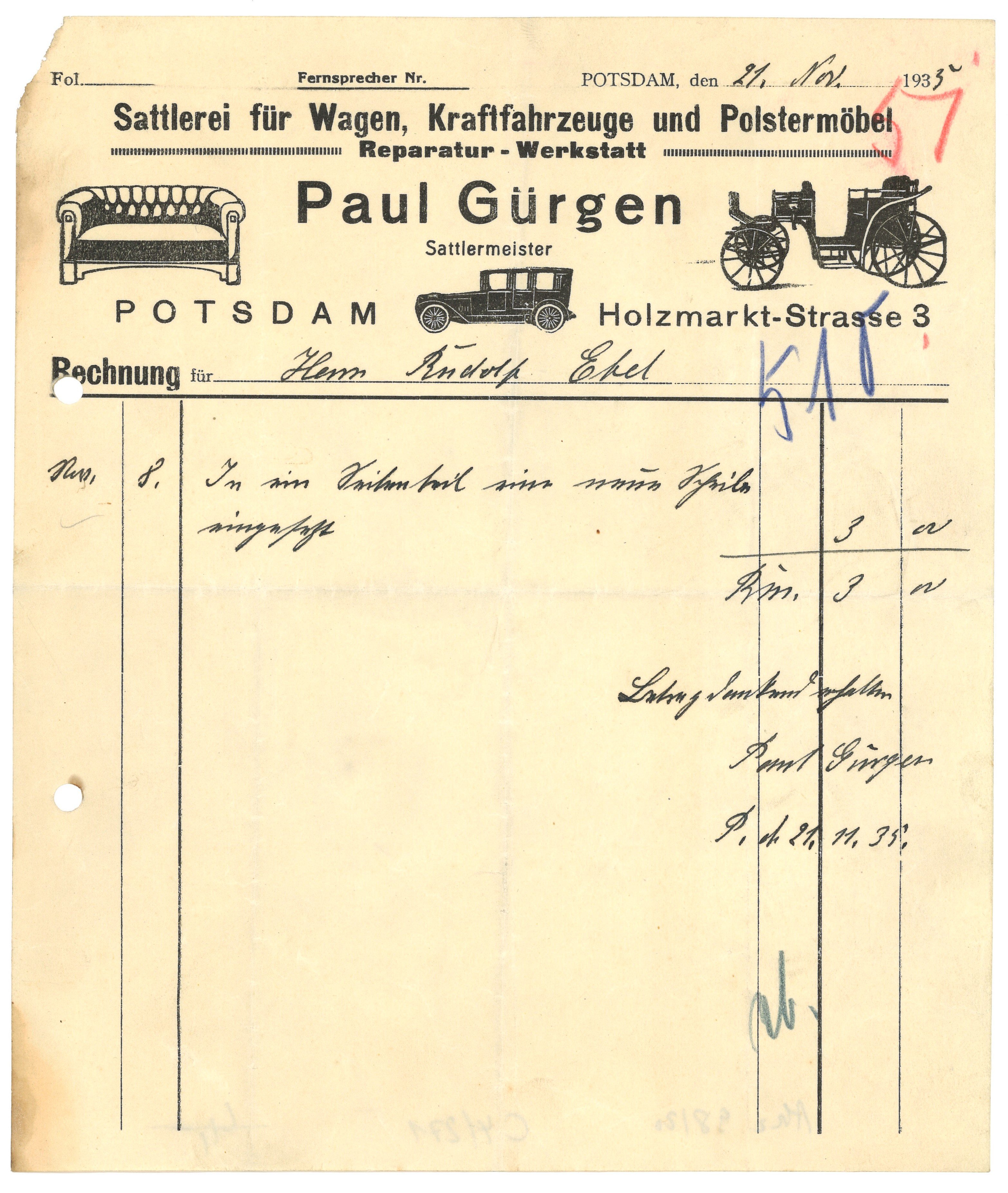 Rechnung der Sattlerei Paul Gürgen in Potsdam 1935 (Landesgeschichtliche Vereinigung für die Mark Brandenburg e.V., Archiv CC BY)