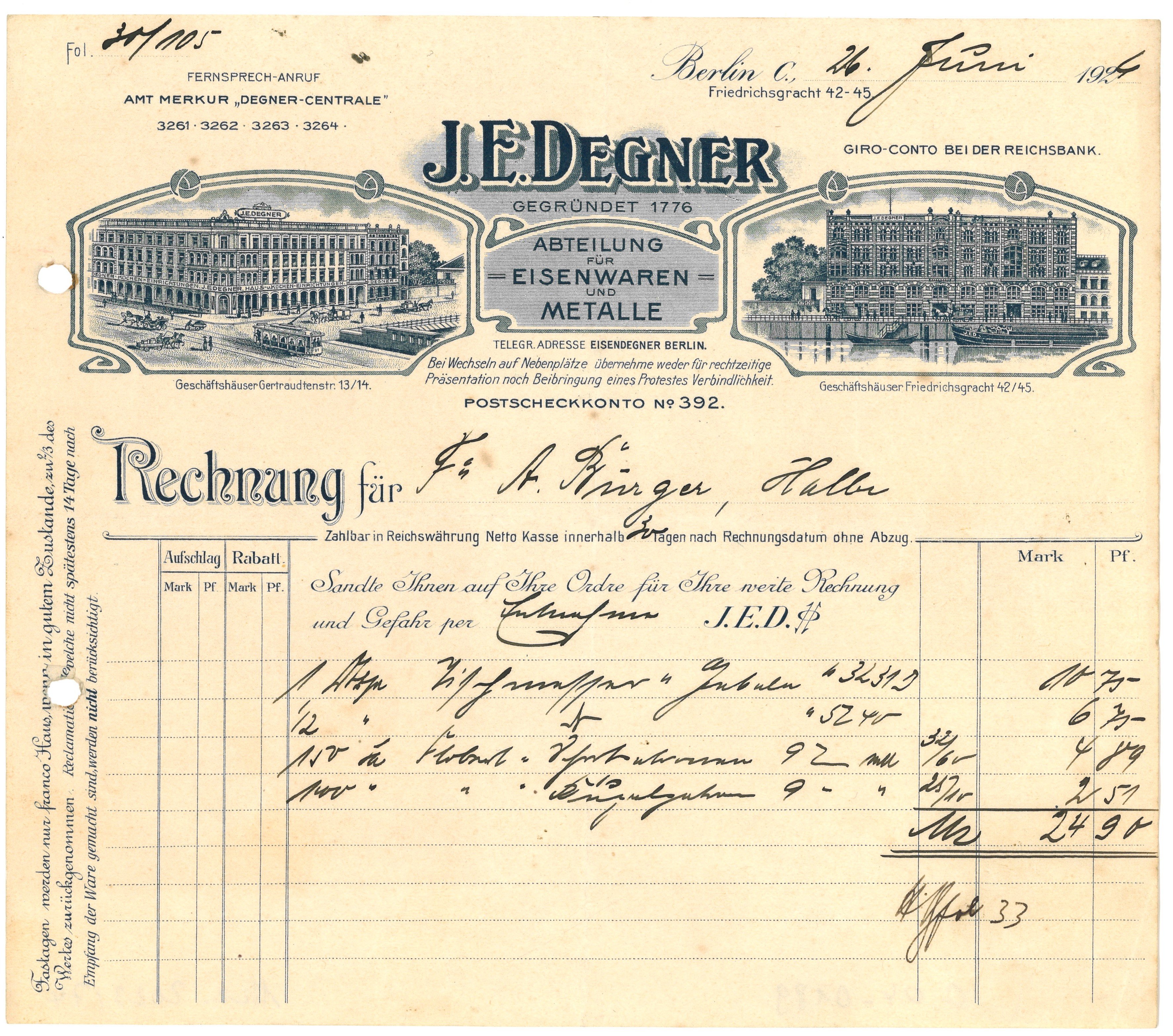 Rechnung der Eisenwarenhandlung J. E. Degner in Berlin 1924 (Landesgeschichtliche Vereinigung für die Mark Brandenburg e.V., Archiv CC BY)