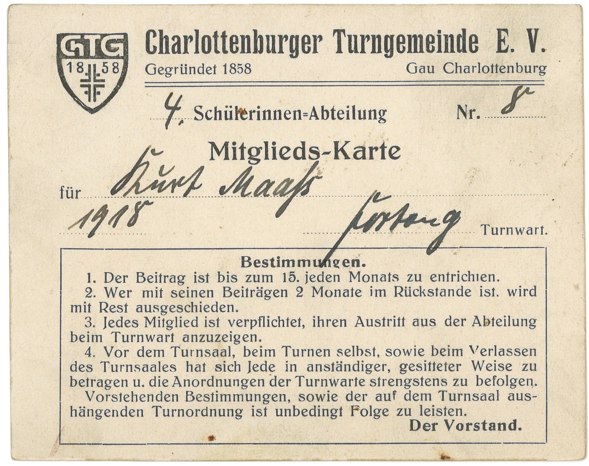 Mitgliedskarte der Charlottenburger Turngemeinde für Kurt Maaß 1918 (Landesgeschichtliche Vereinigung für die Mark Brandenburg e.V., Archiv CC BY)