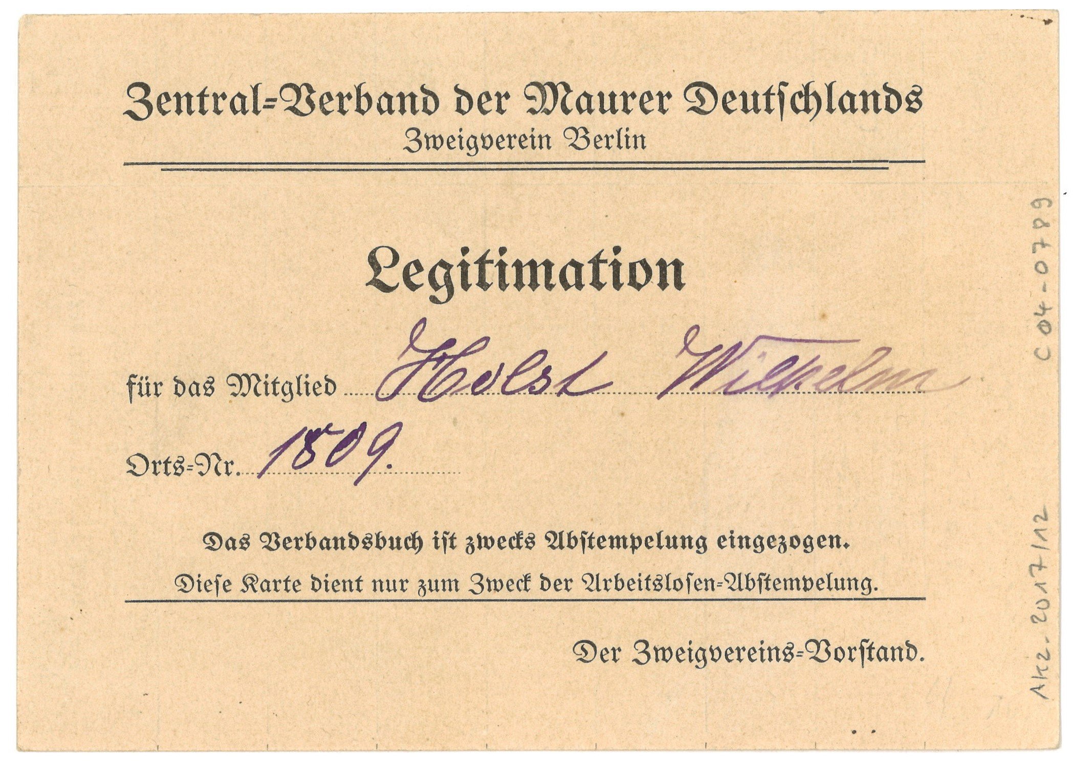 Mitgliedskarte des Zentral-Verbandes der Maurer Deutschlands für Wilhelm Holst in Berlin (ca. 1910) (Landesgeschichtliche Vereinigung für die Mark Brandenburg e.V., Archiv CC BY)