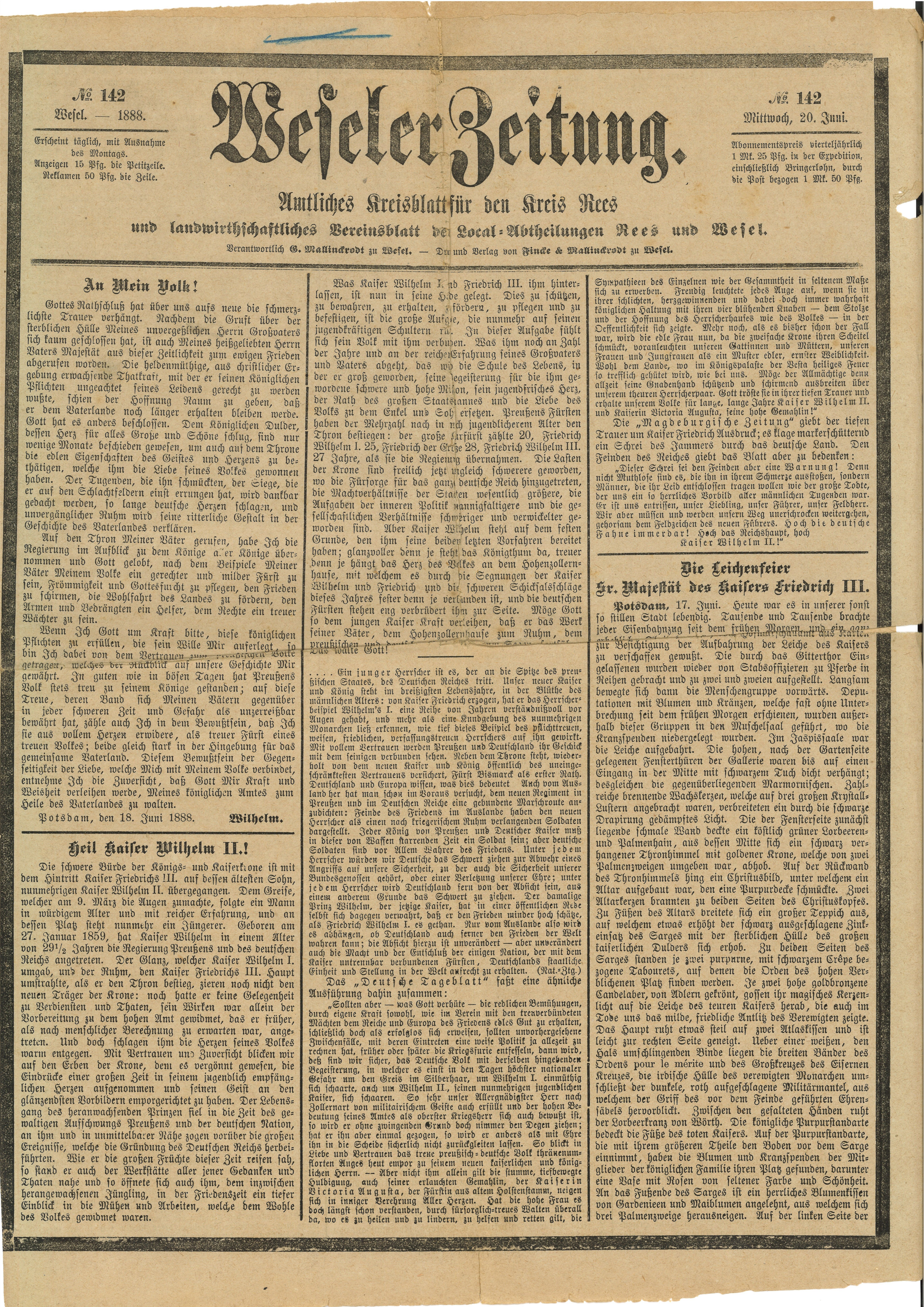 Weseler Zeitung, Nr. 142, 20. Juni 1888 (Landesgeschichtliche Vereinigung für die Mark Brandenburg e.V., Archiv CC BY)
