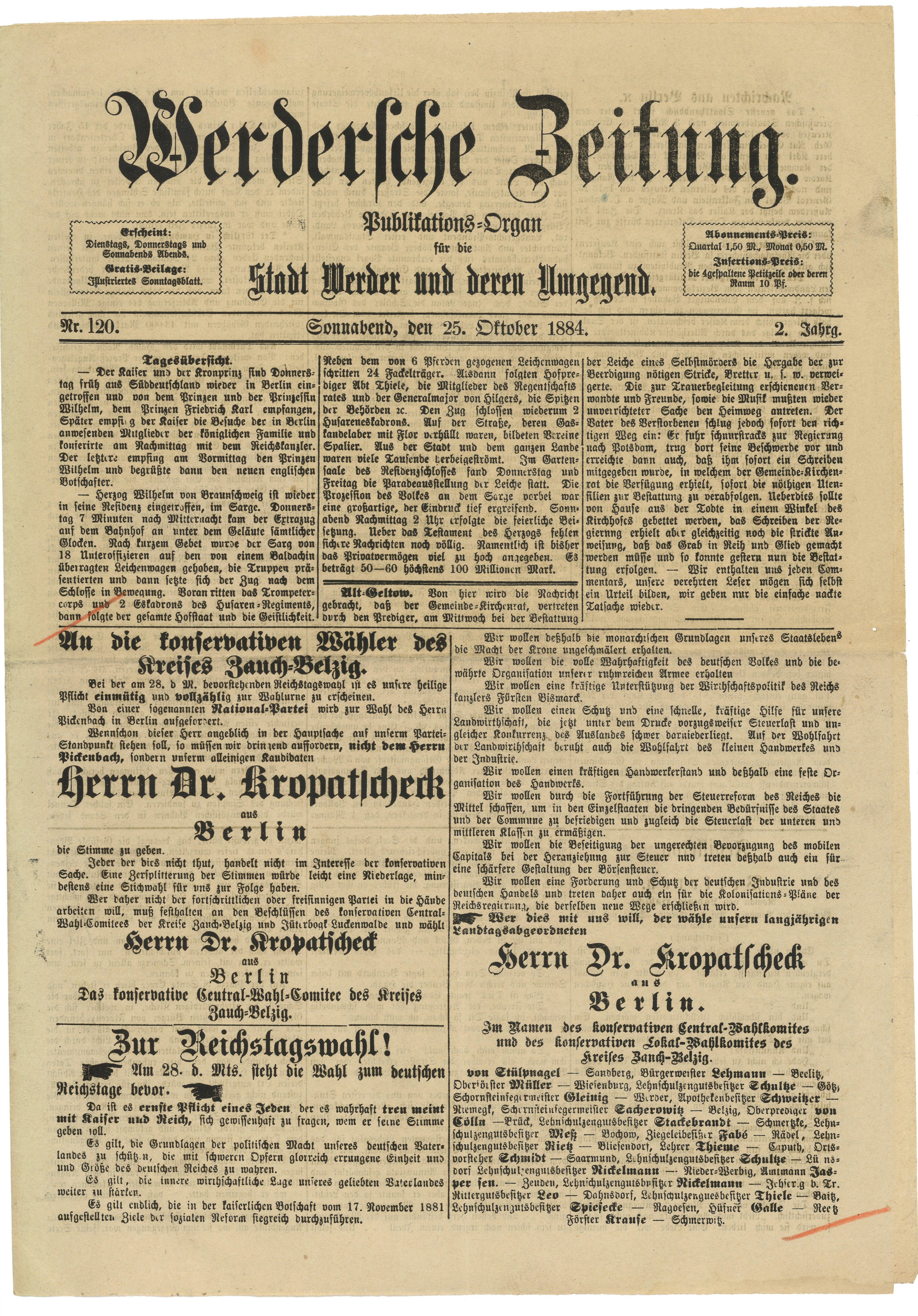 Werdersche Zeitung, Jg. 2, Nr. 120, 25. Oktober 1884 (Landesgeschichtliche Vereinigung für die Mark Brandenburg e.V., Archiv CC BY)