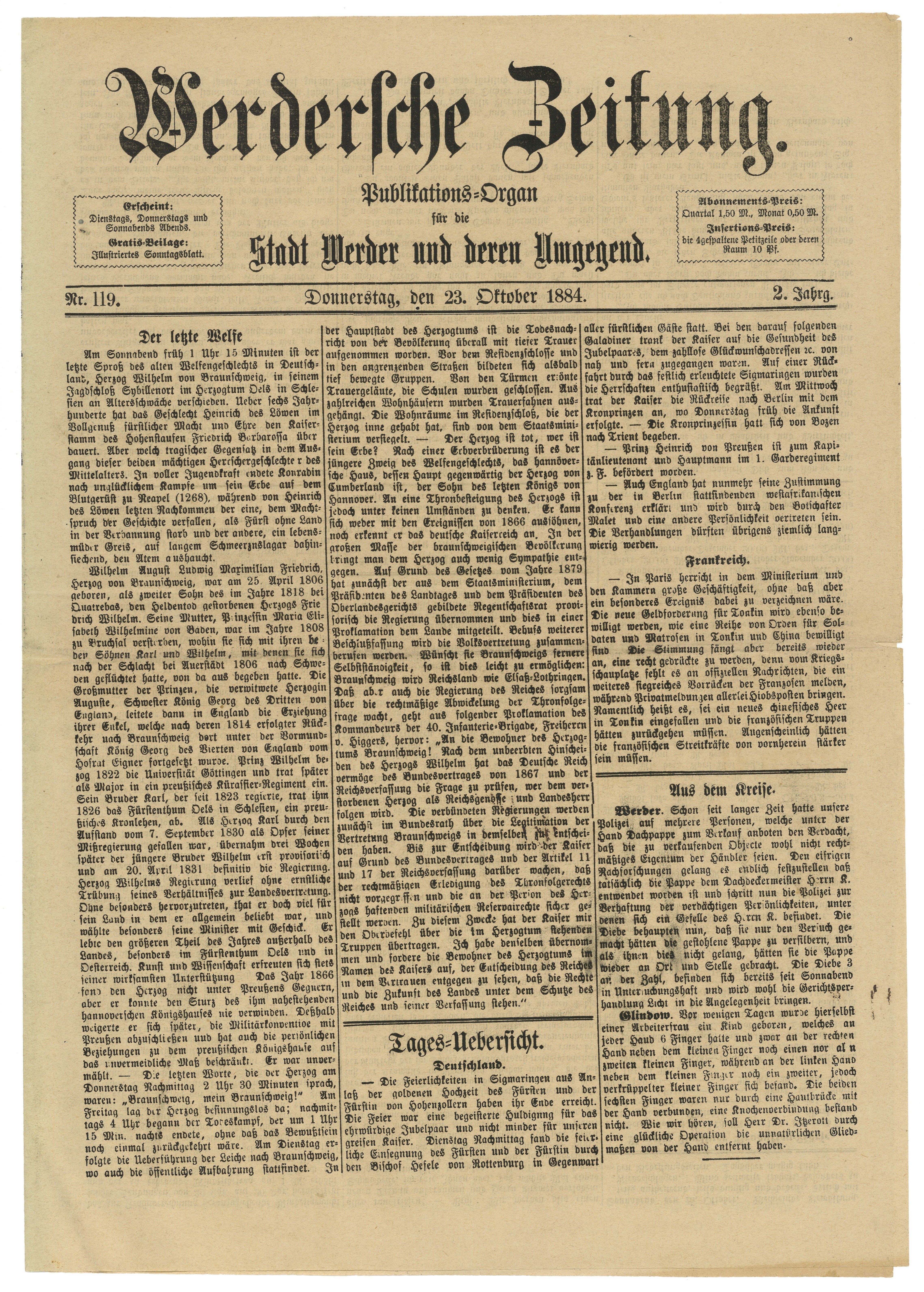 Werdersche Zeitung, Jg. 2, Nr. 119, 23. Oktober 1884 (Landesgeschichtliche Vereinigung für die Mark Brandenburg e.V., Archiv CC BY)