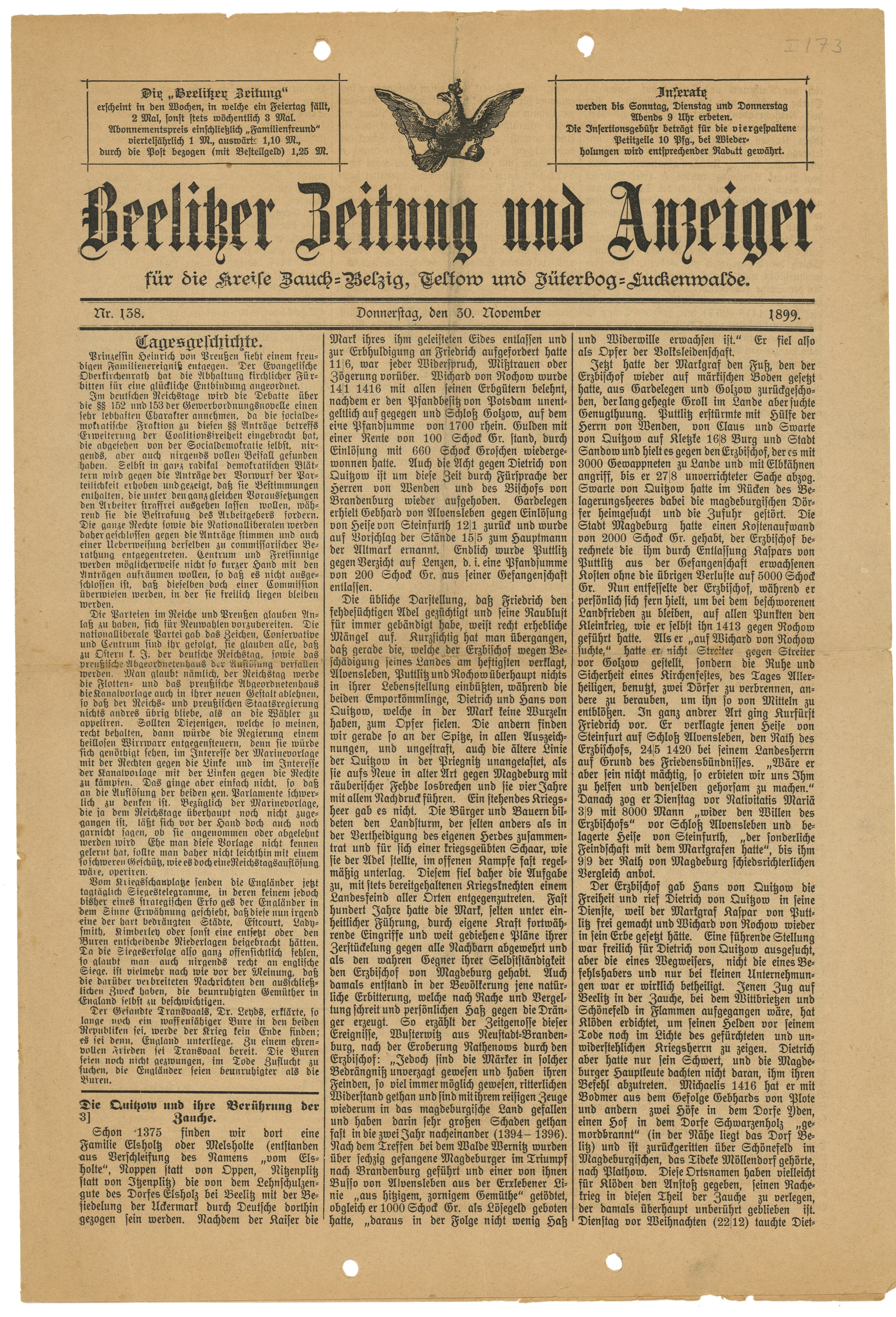Beelitzer Zeitung und Anzeiger, Nr. 138, 30. November 1899 (Landesgeschichtliche Vereinigung für die Mark Brandenburg e.V., Archiv CC BY)