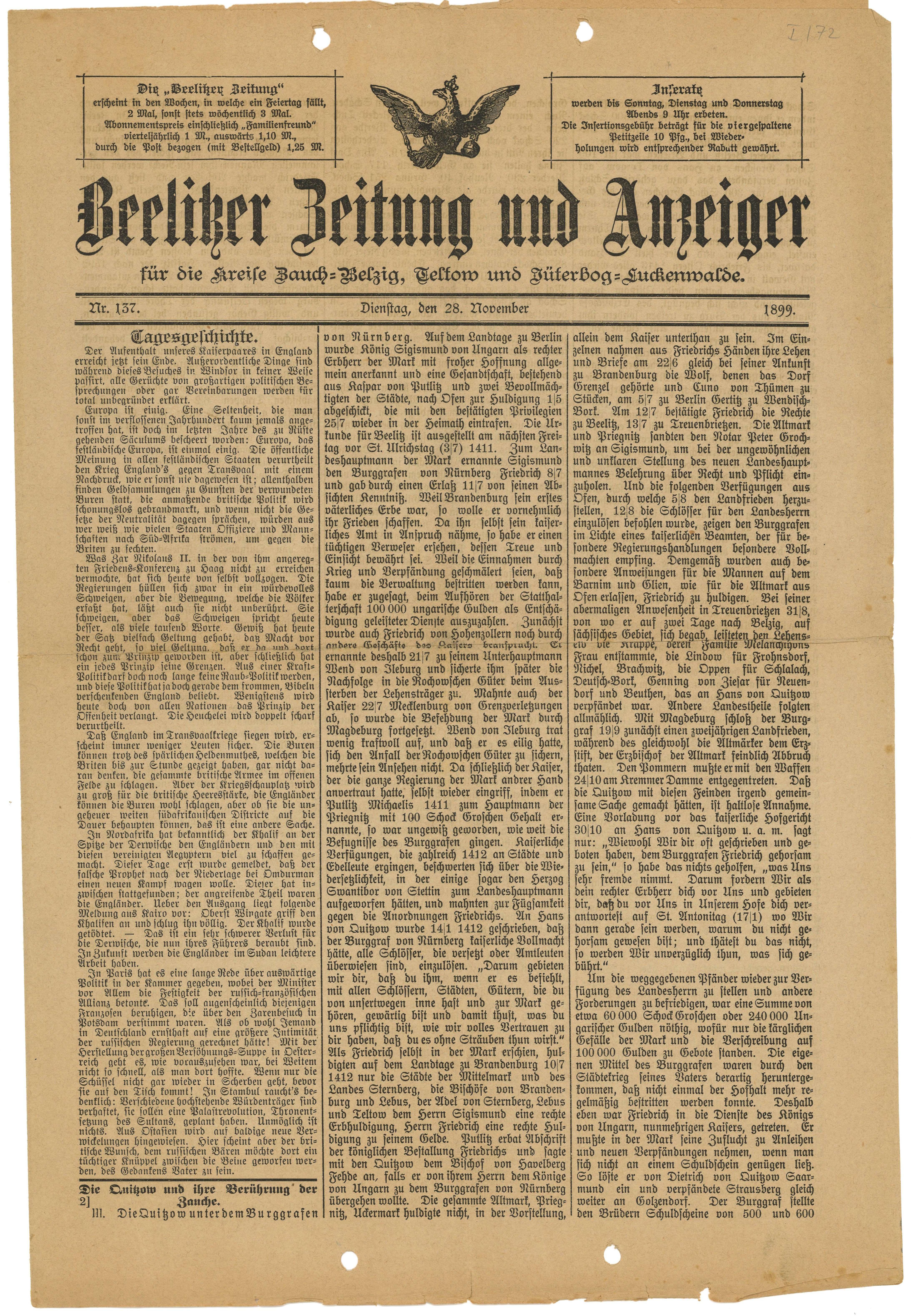 Beelitzer Zeitung und Anzeiger, Nr. 137, 28. November 1899 (Landesgeschichtliche Vereinigung für die Mark Brandenburg e.V., Archiv CC BY)