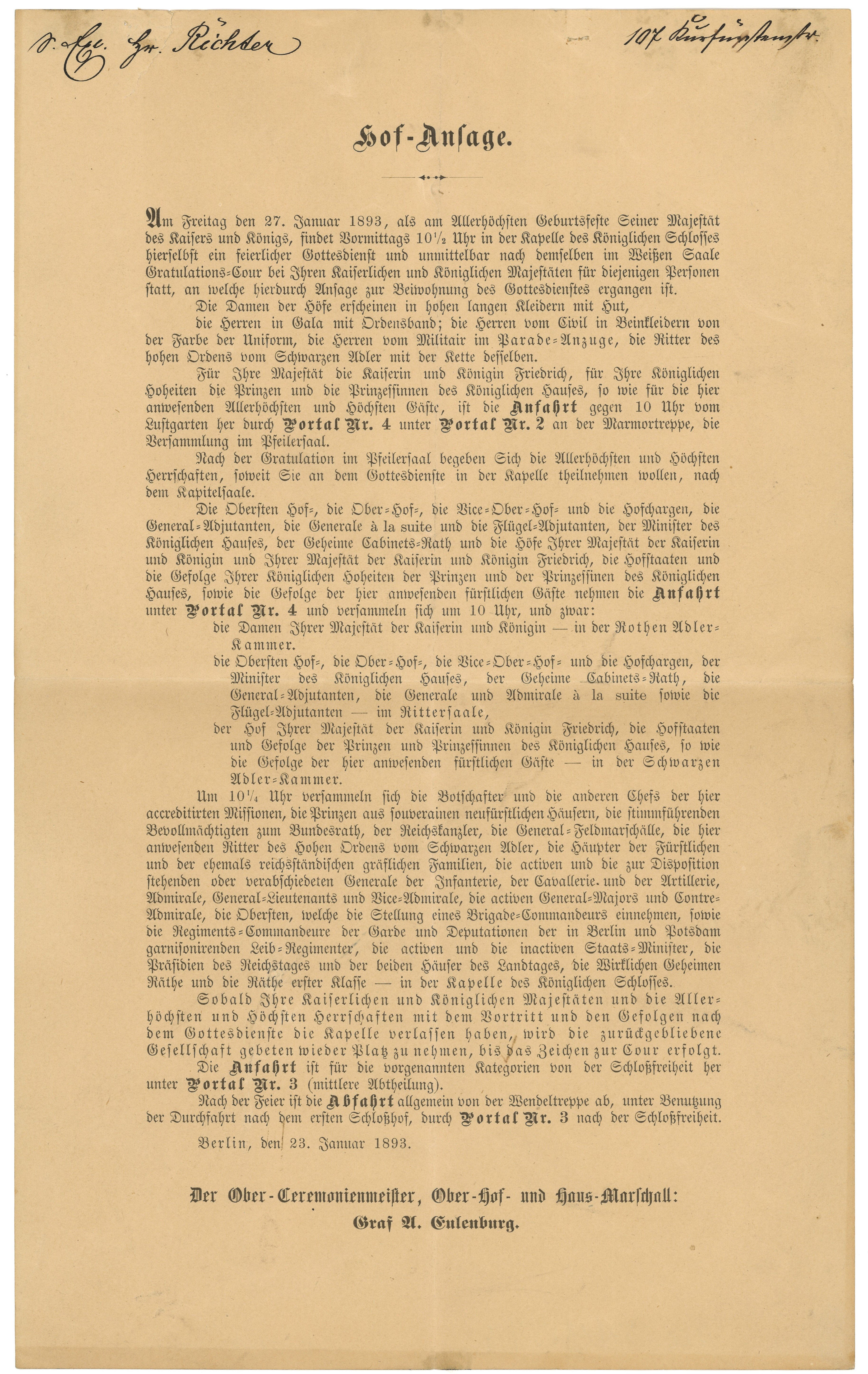 Hofansage zur Geburtstagsfeier Kaiser Wilhelms II. im Berliner Schloss 1893 (Landesgeschichtliche Vereinigung für die Mark Brandenburg e.V., Archiv CC BY)