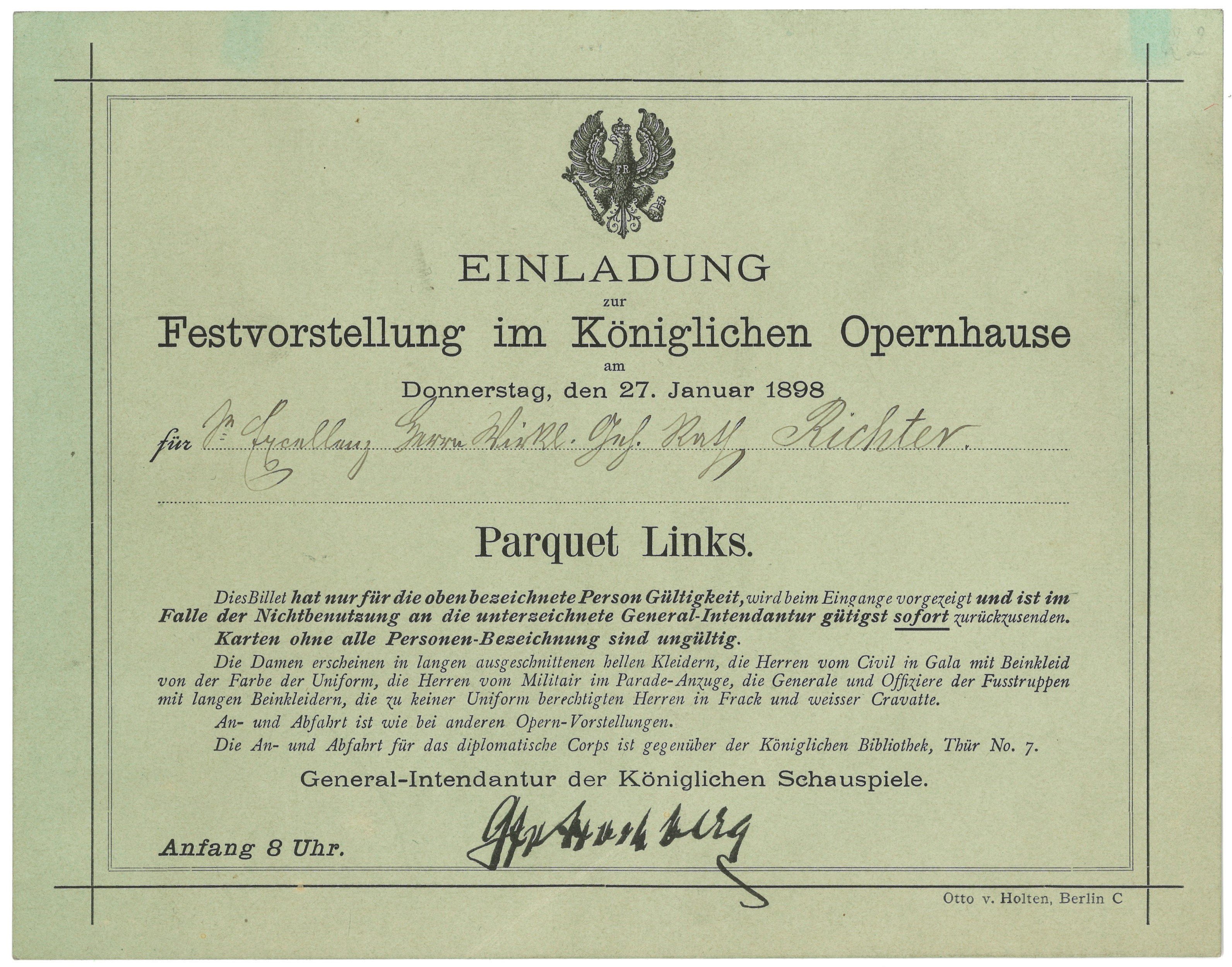 Einladung zur Festvorstellung im Königlichen Opernhaus in Berlin am 27. Januar 1898 für Constantin Richter (Landesgeschichtliche Vereinigung für die Mark Brandenburg e.V., Archiv CC BY)
