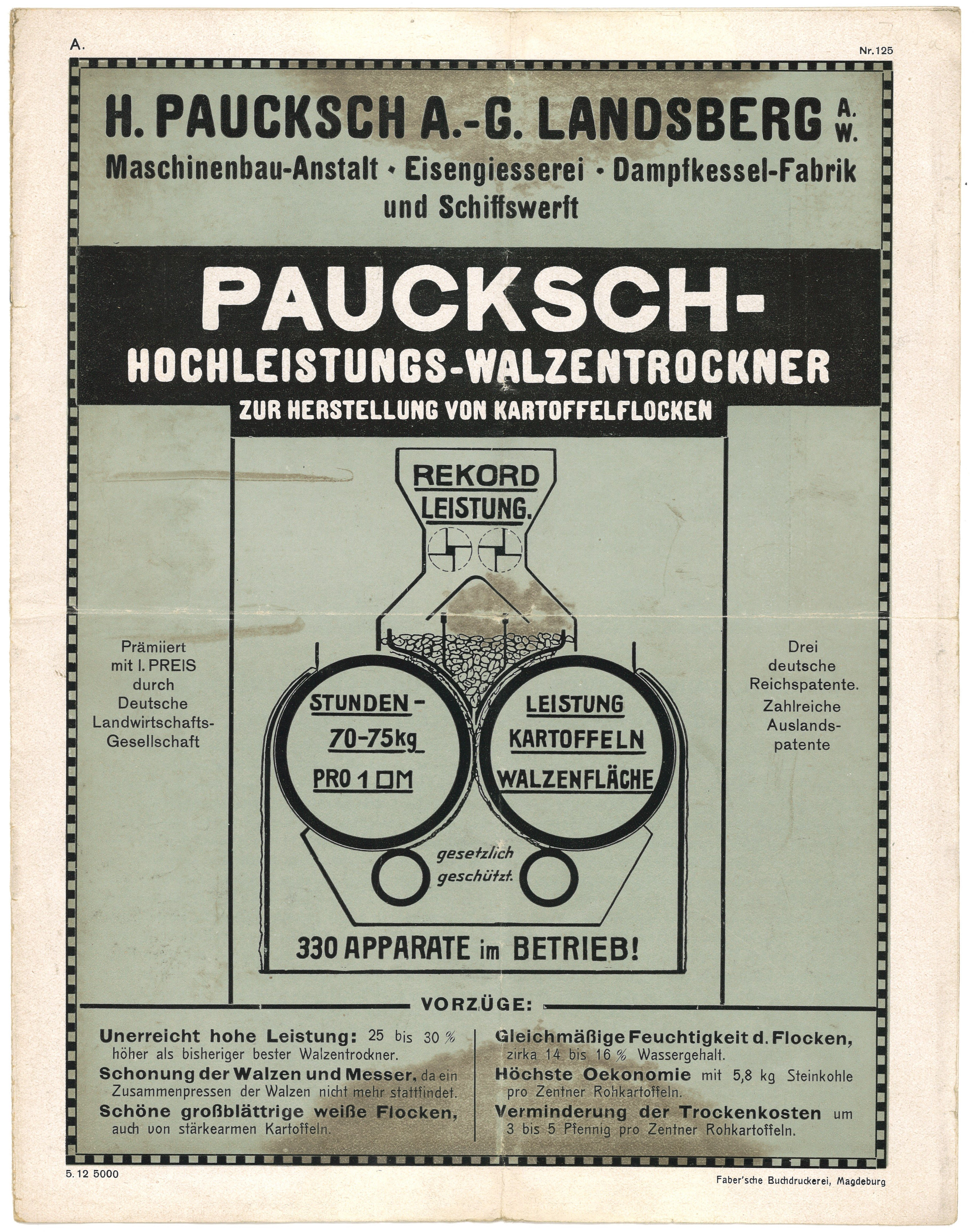 Werbeprospekt der Maschinenfabrik H. Paucksch AG in Landsberg a.W. [Gorzów Wlkp.] für Hochleistungs-Walzentrockner (1912) (Landesgeschichtliche Vereinigung für die Mark Brandenburg e.V., Archiv CC BY)