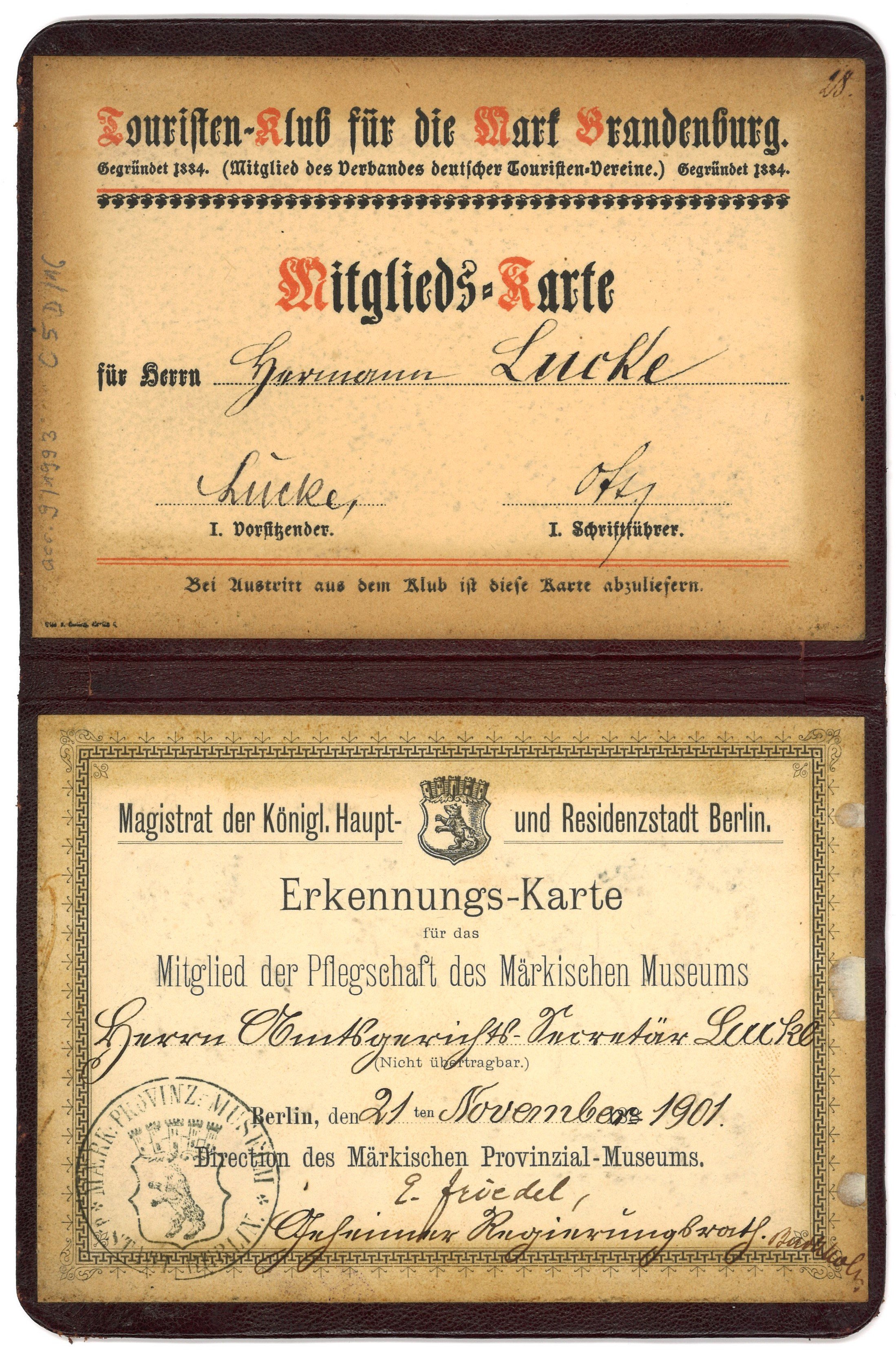 Mitgliedsausweise Hermann Lucke (1901) (Landesgeschichtliche Vereinigung für die Mark Brandenburg e.V., Archiv CC BY)