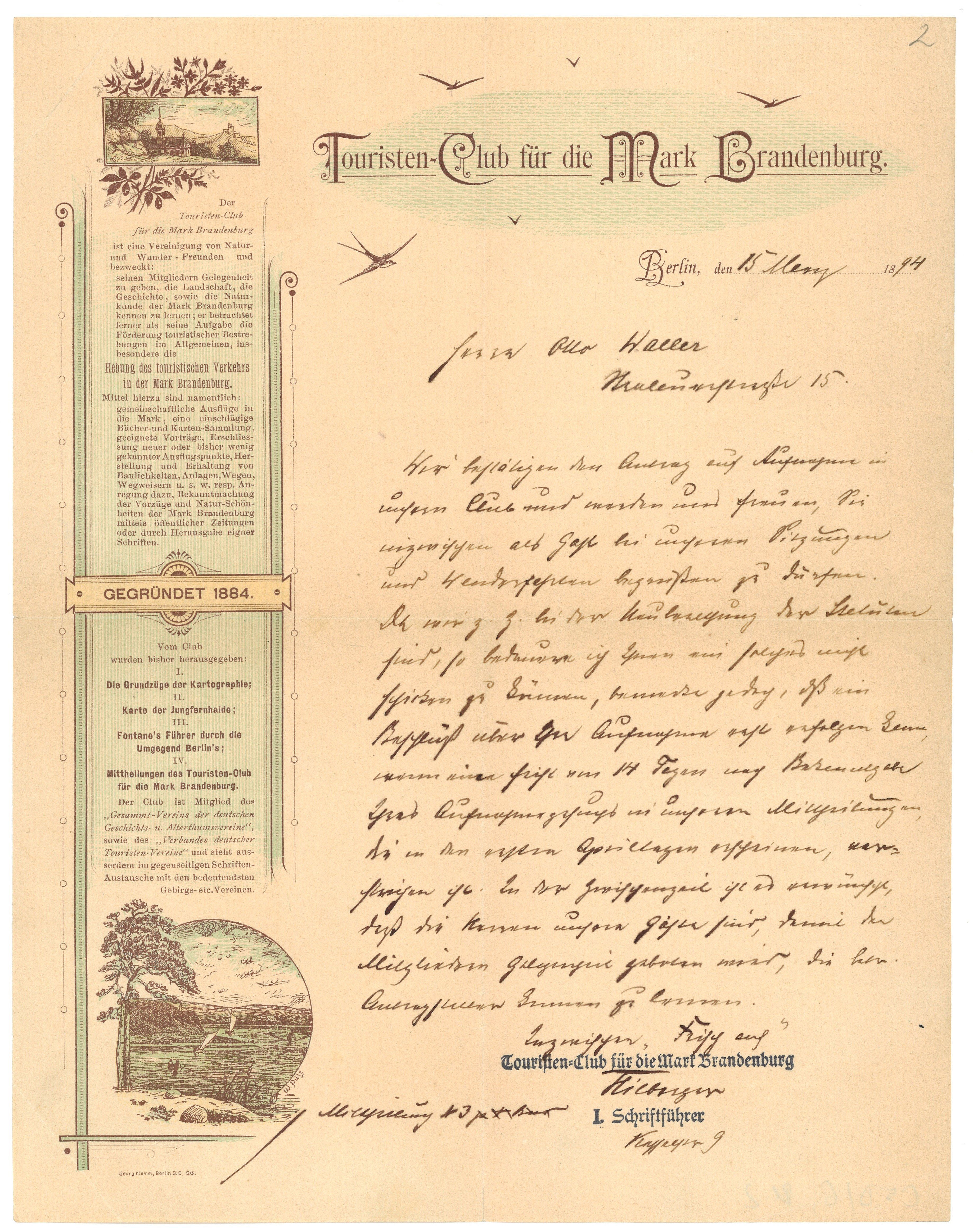 Schreiben des Touristen-Clubs für die Mark Brandenburg an Otto Waller 1894 (Landesgeschichtliche Vereinigung für die Mark Brandenburg e.V., Archiv CC BY)