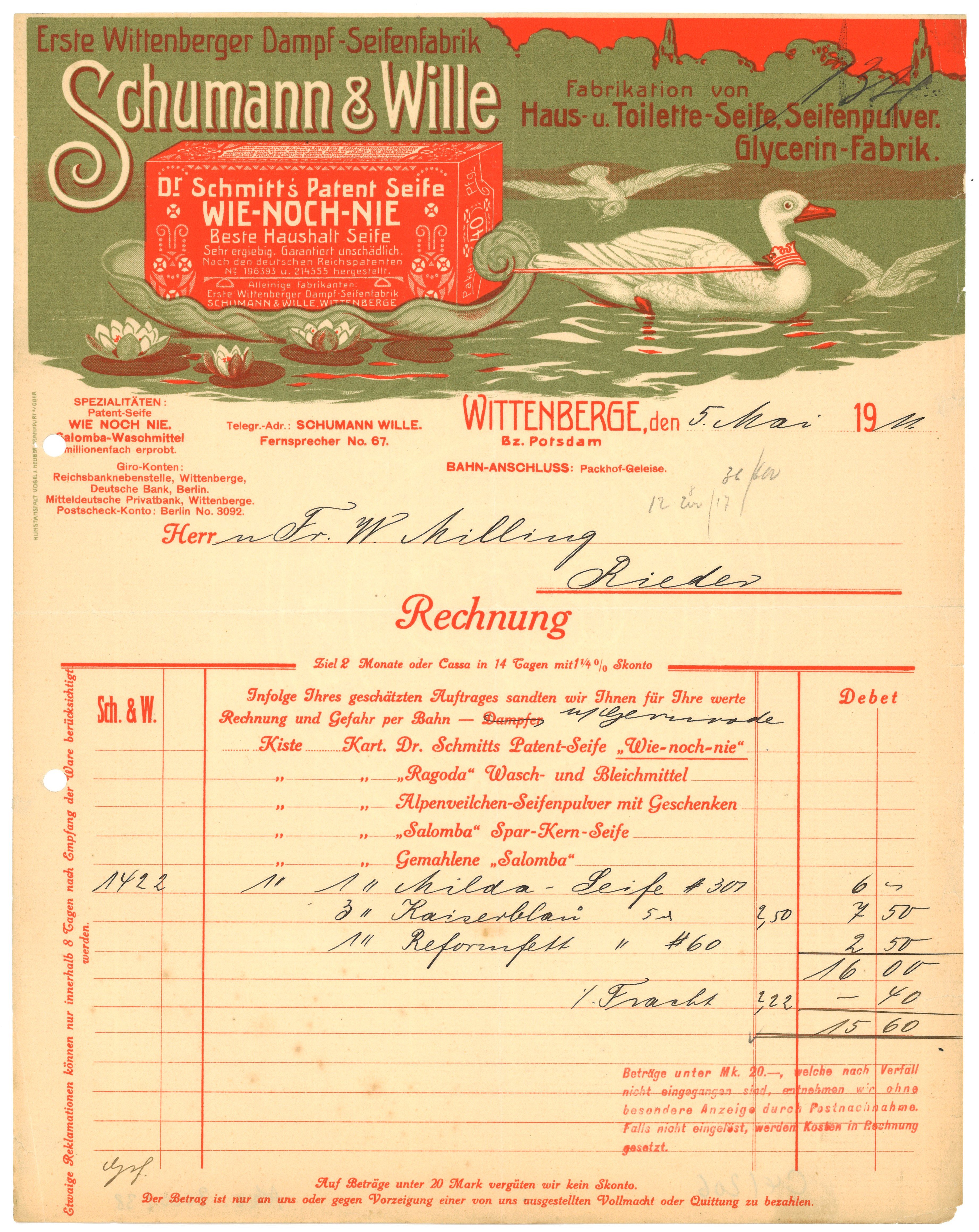 Rechnung der Seifenfabrik Schumann & Wille in Wittenberge 1911 (Landesgeschichtliche Vereinigung für die Mark Brandenburg e.V., Archiv CC BY)