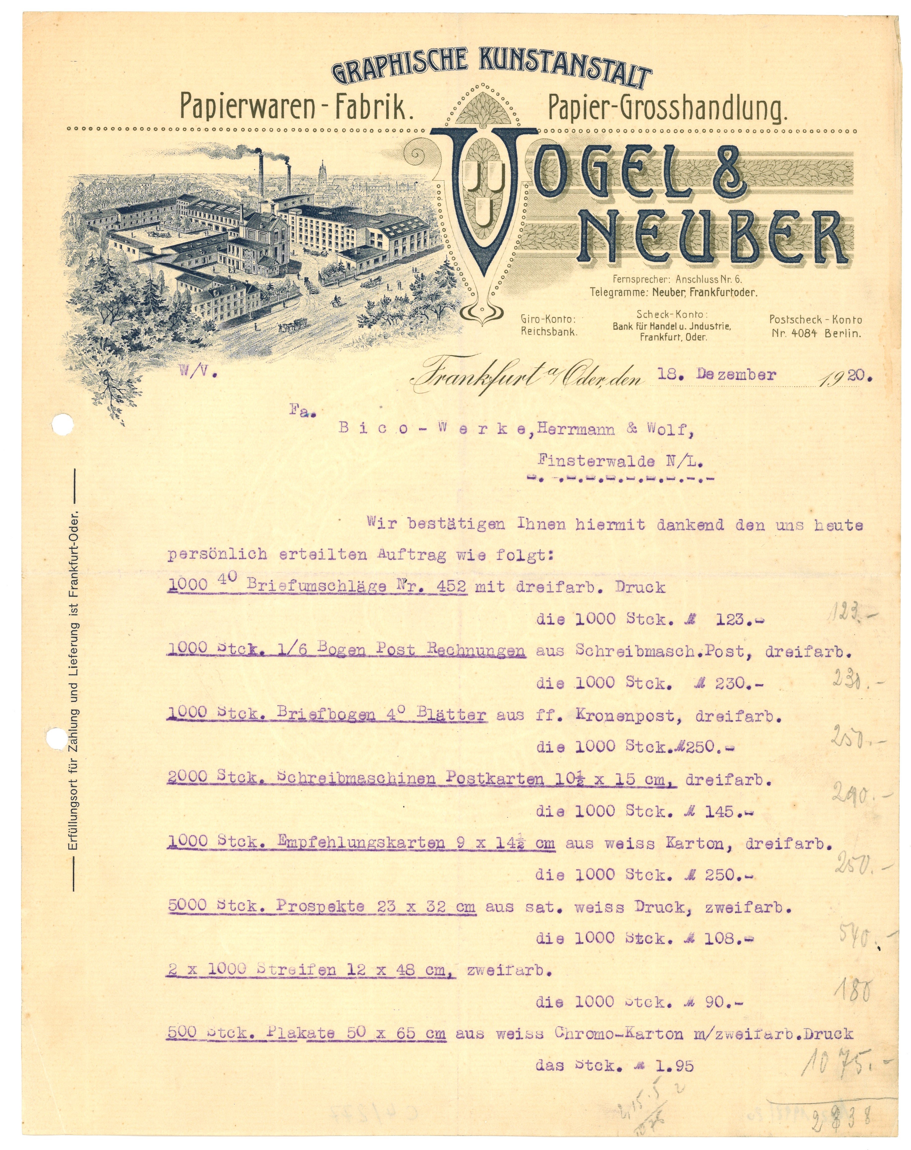 Rechnung der Graphischen Kunstanstalt Vogel & Neuber in Frankfurt (Oder) 1920 (Landesgeschichtliche Vereinigung für die Mark Brandenburg e.V., Archiv CC BY)