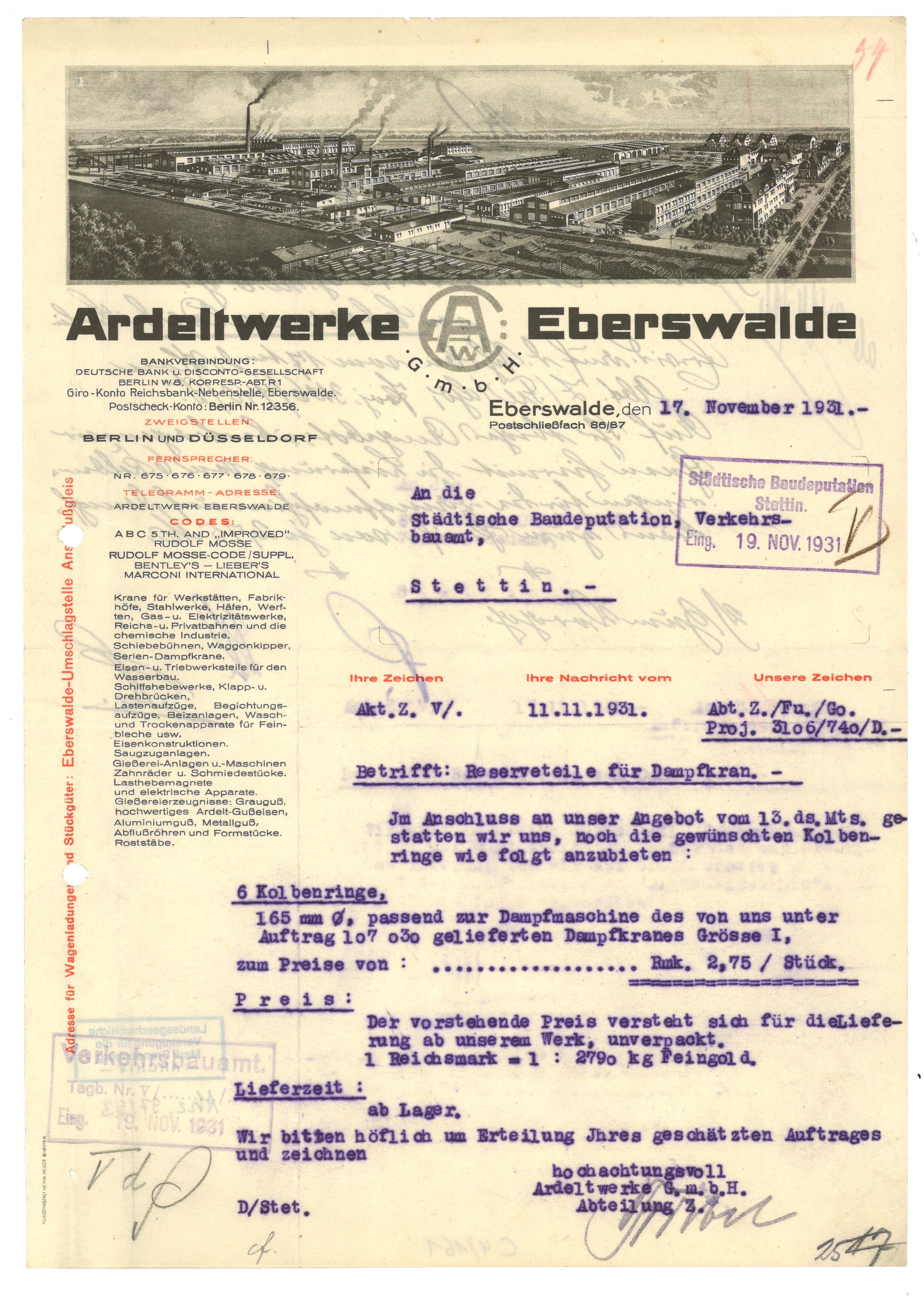 Schreiben der Ardeltwerke Eberswalde 1931 (Landesgeschichtliche Vereinigung für die Mark Brandenburg e.V., Archiv CC BY)