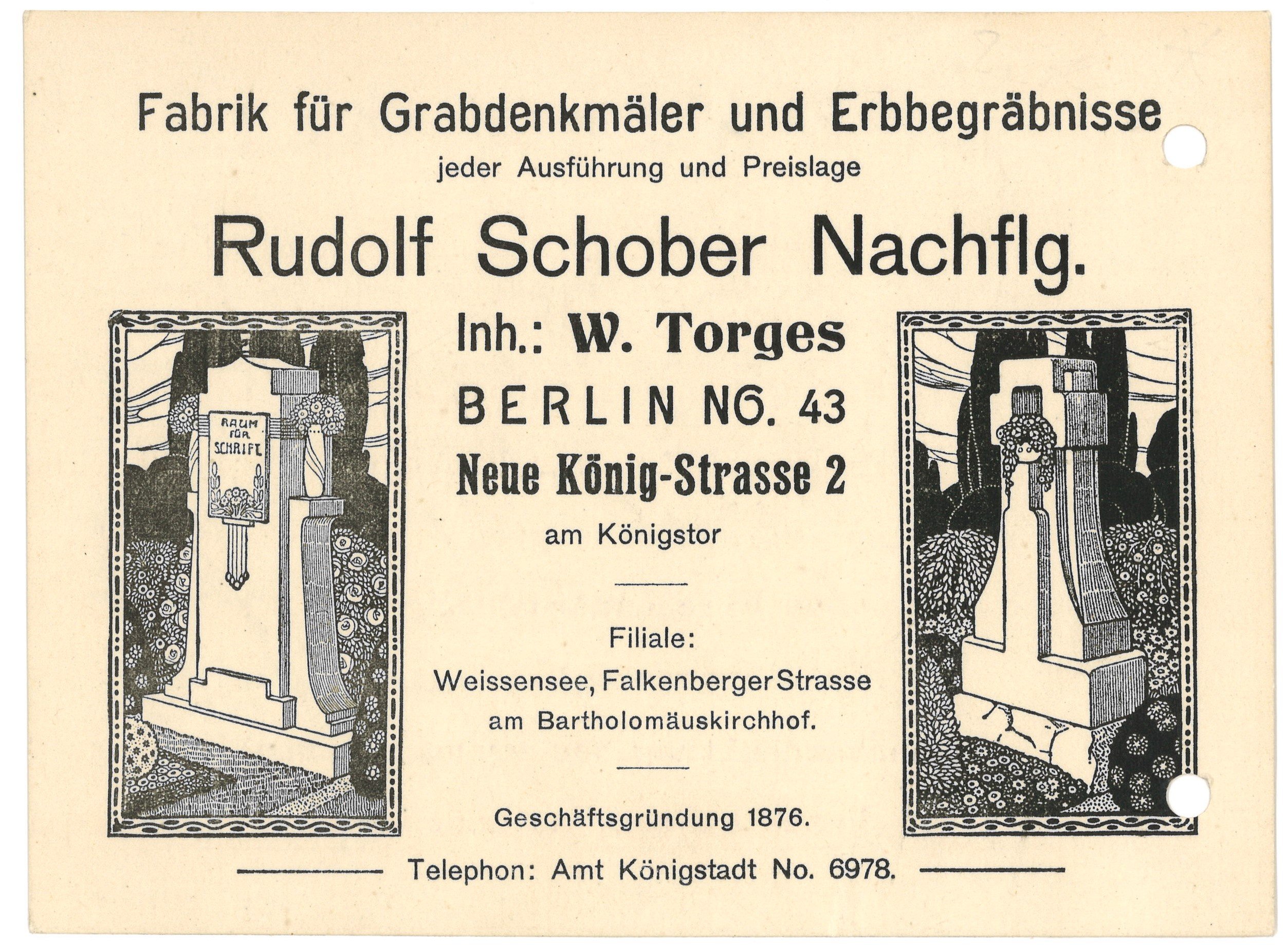 Geschäftsbriefkarte der Grabdenkmälerfabrik Rudolf Schober Nachflg. in Berlin 1919 (Landesgeschichtliche Vereinigung für die Mark Brandenburg e.V., Archiv CC BY)