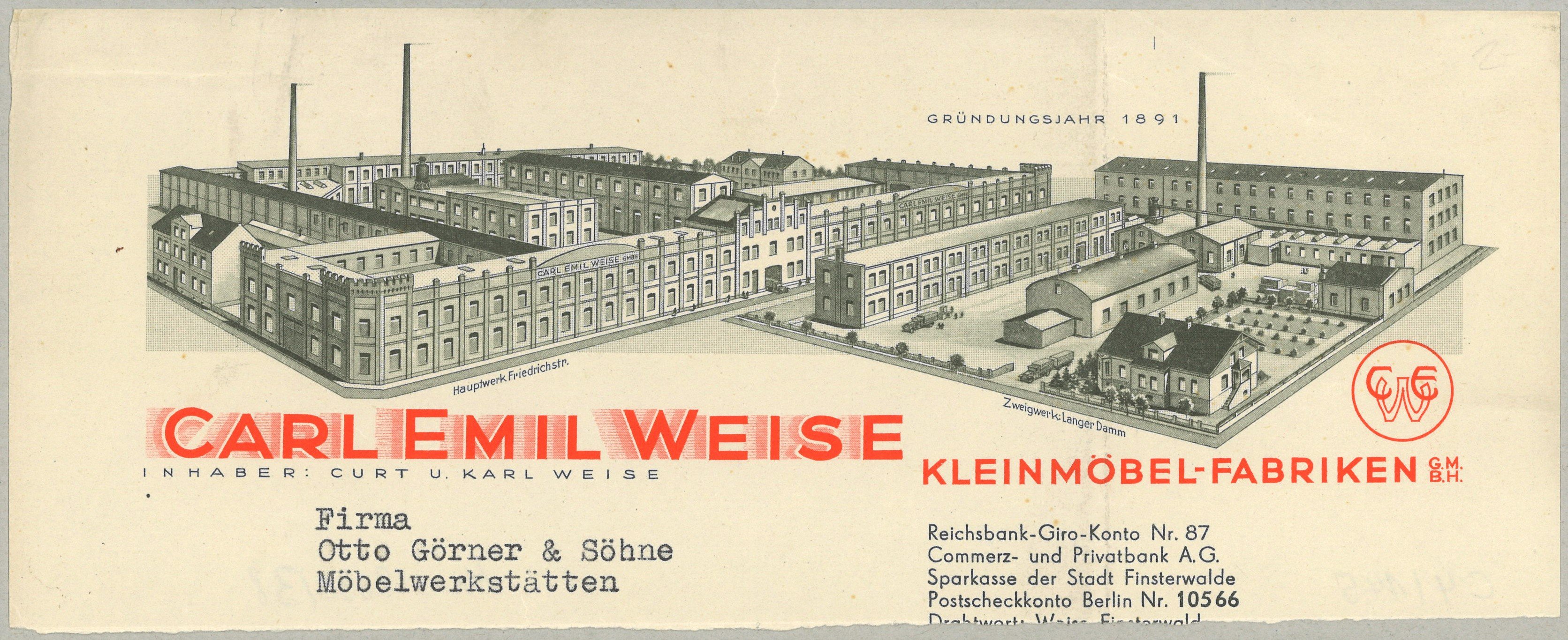 Briefkopf der Kleinmöbelfabriken Carl Emil Weise in Finsterwalde (ca. 1930) (Landesgeschichtliche Vereinigung für die Mark Brandenburg e.V., Archiv CC BY)