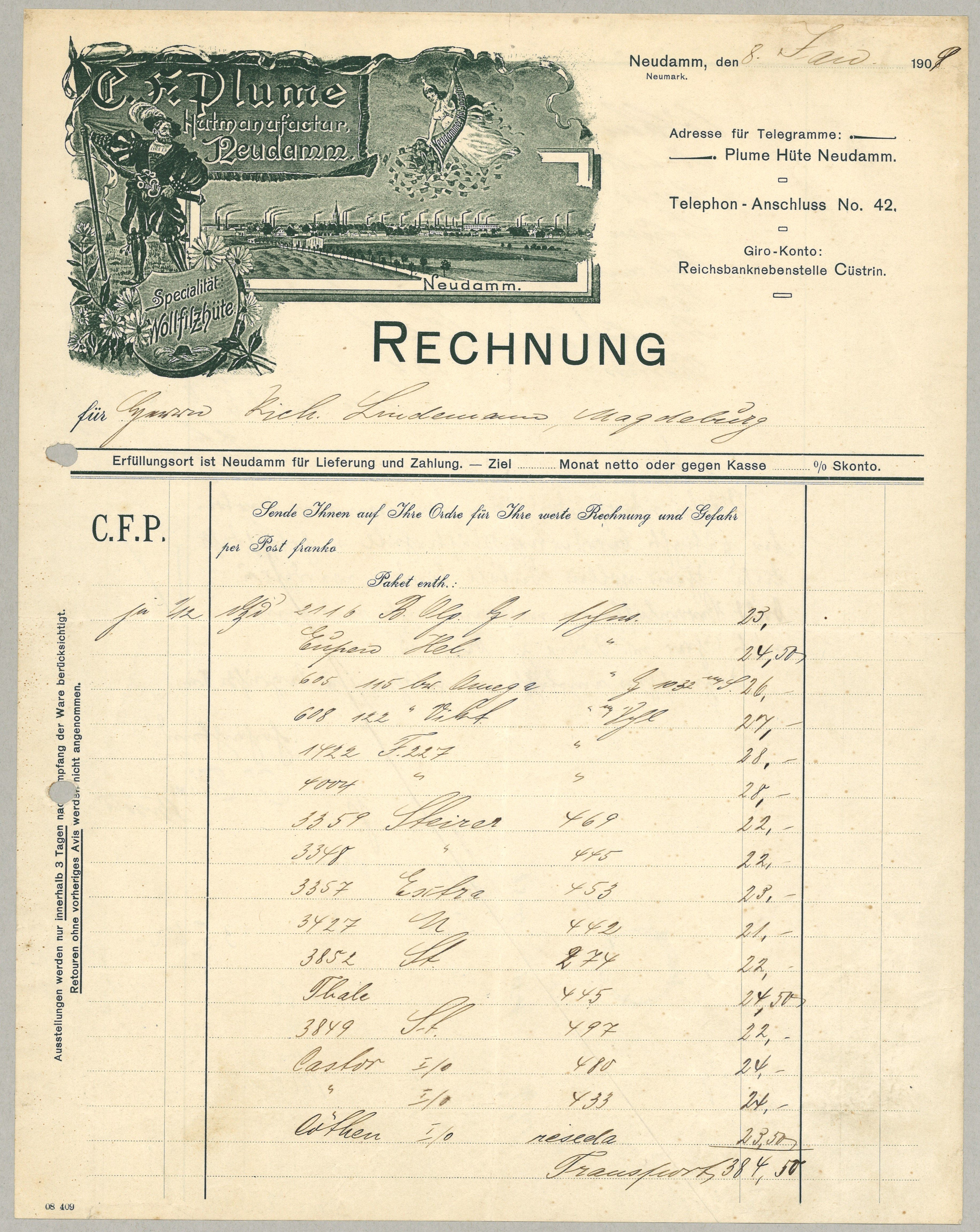 Rechnung der Hutfabrik C. F. Plume in Neudamm [Dębno] 1909 (Landesgeschichtliche Vereinigung für die Mark Brandenburg e.V., Archiv CC BY)