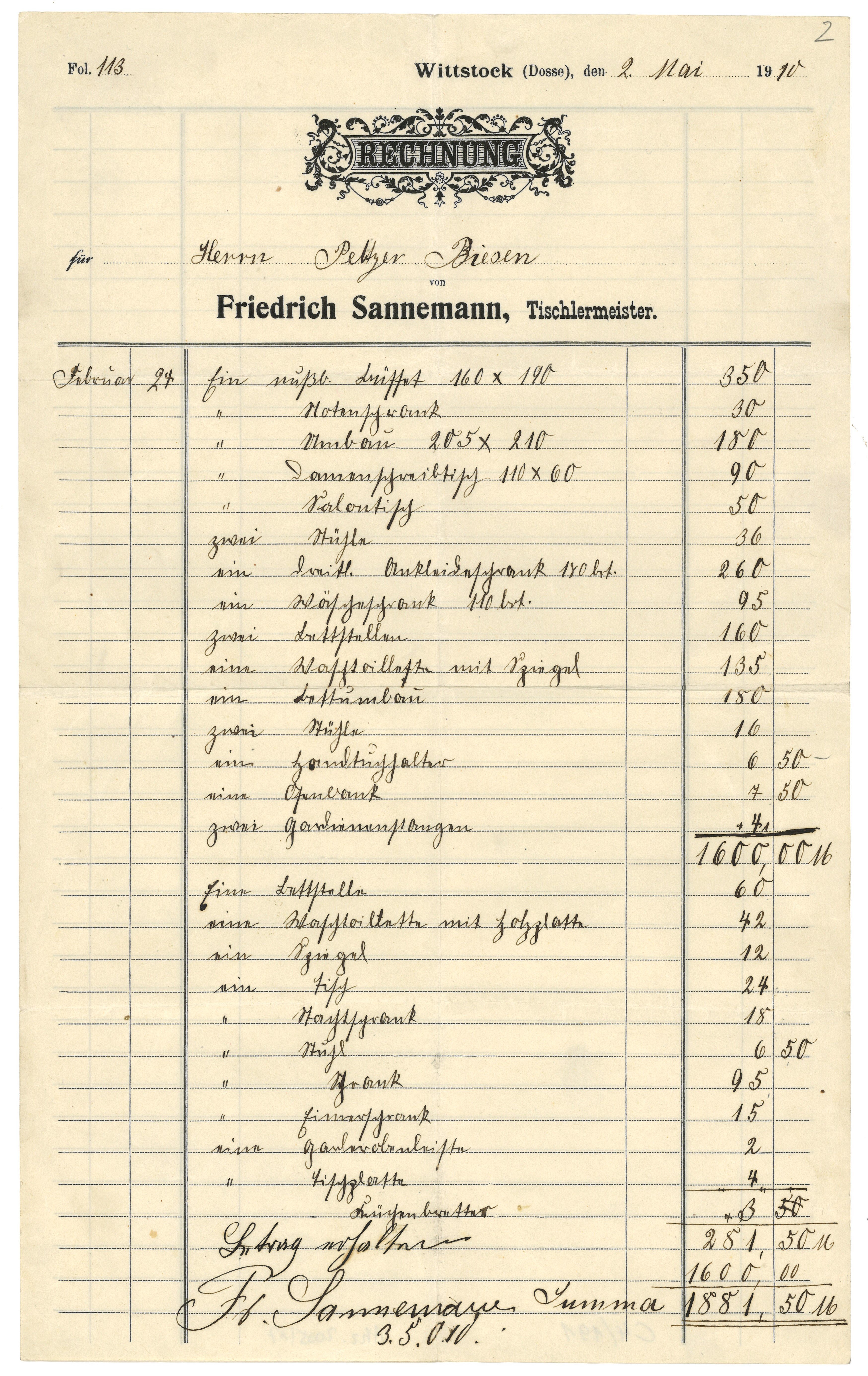 Rechnung des Tischklermeisters Friedrich Schumann in Wittstock 1910 (Landesgeschichtliche Vereinigung für die Mark Brandenburg e.V., Archiv CC BY)