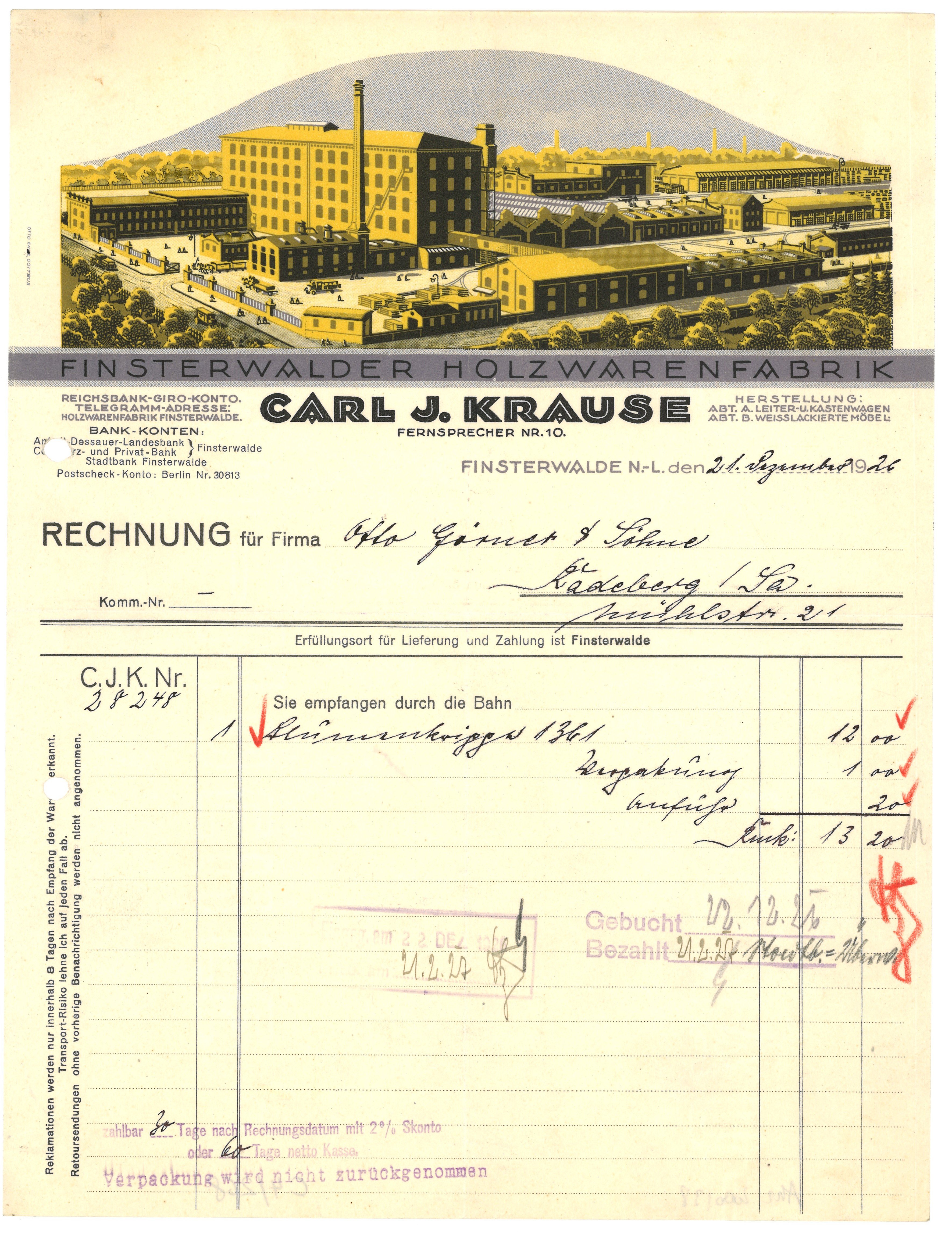 Rechnung der Finsterwalder Holzwarenfabrik Carl J. Krause 1926 (Landesgeschichtliche Vereinigung für die Mark Brandenburg e.V., Archiv CC BY)