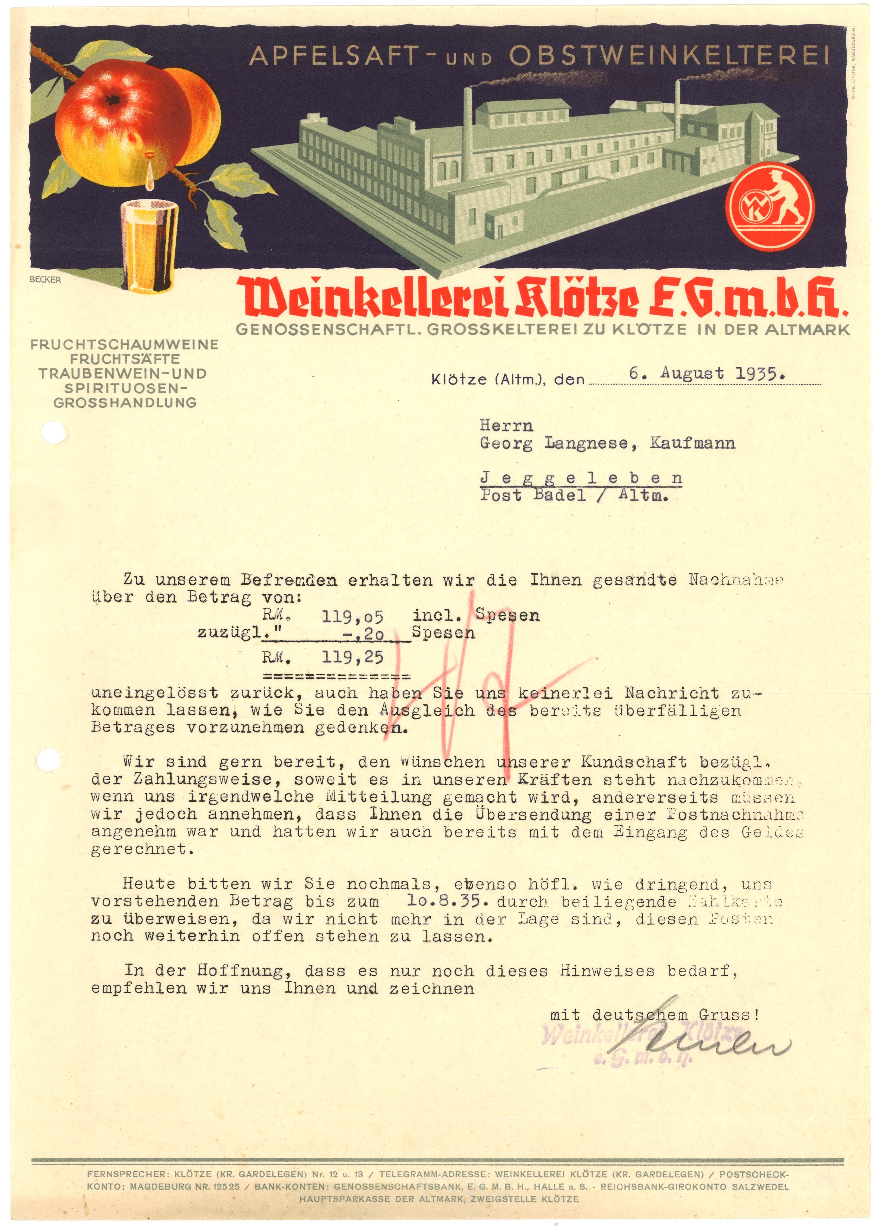 Mahnschreiben der Weinkellerei Klötze E.G.m.b.H. 1935 (Landesgeschichtliche Vereinigung für die Mark Brandenburg e.V., Archiv CC BY)