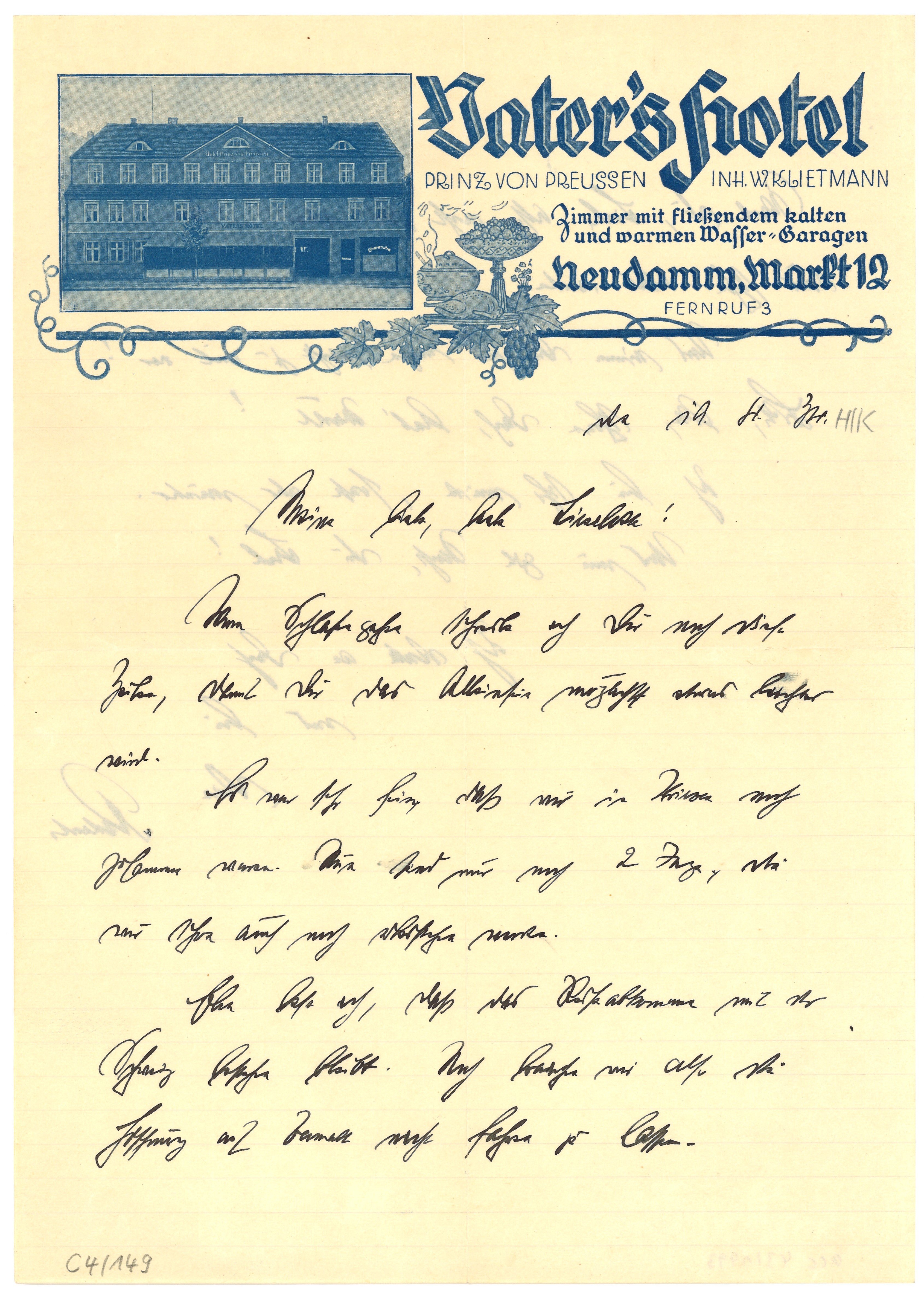 Privatbrief auf Briefpapier von Vater's Hotel in Neudamm [Dębno] 1934 (Landesgeschichtliche Vereinigung für die Mark Brandenburg e.V., Archiv CC BY)