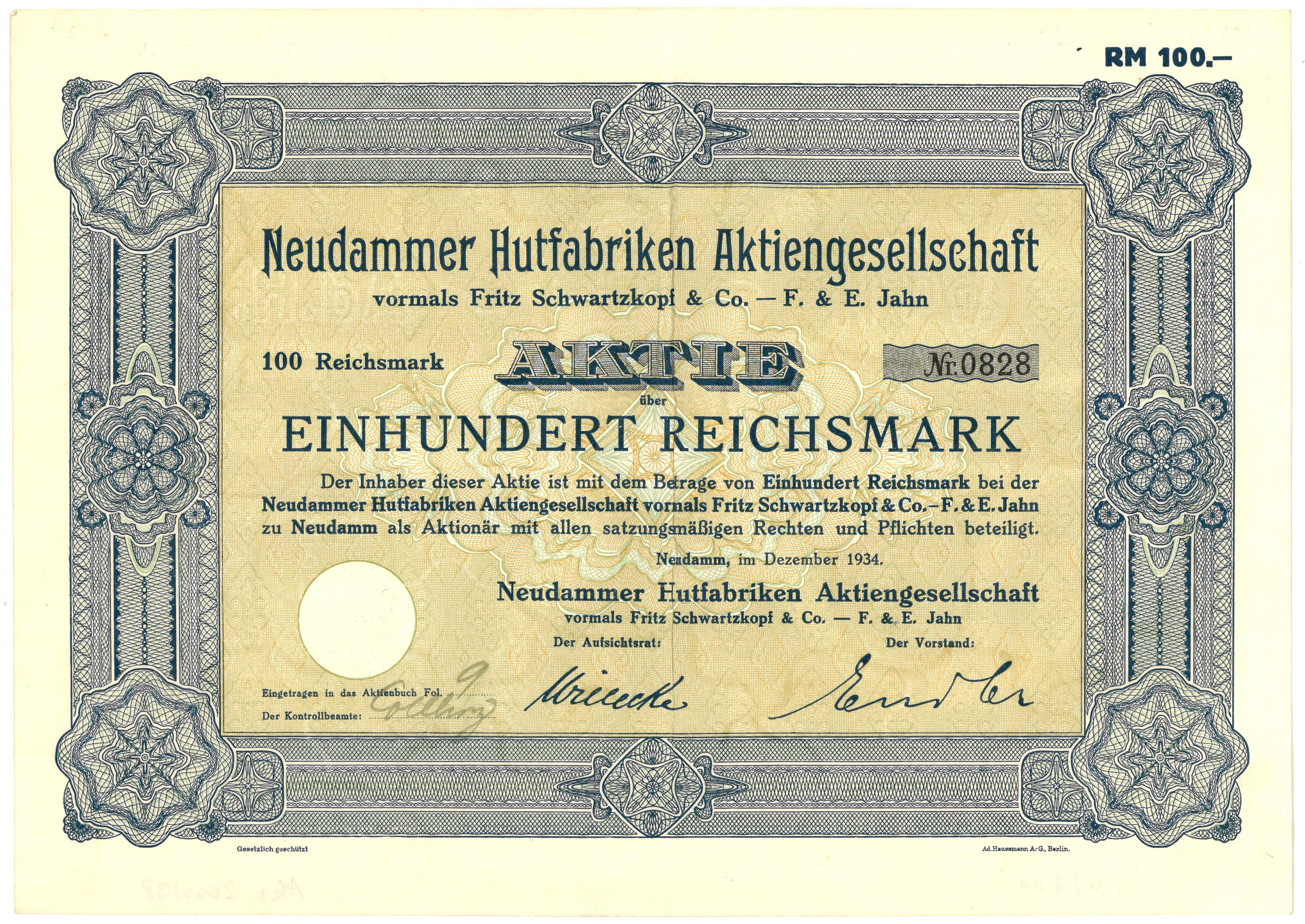 Aktie der Neudammer Hutfabriken AG 1934 (Landesgeschichtliche Vereinigung für die Mark Brandenburg e.V., Archiv CC BY)