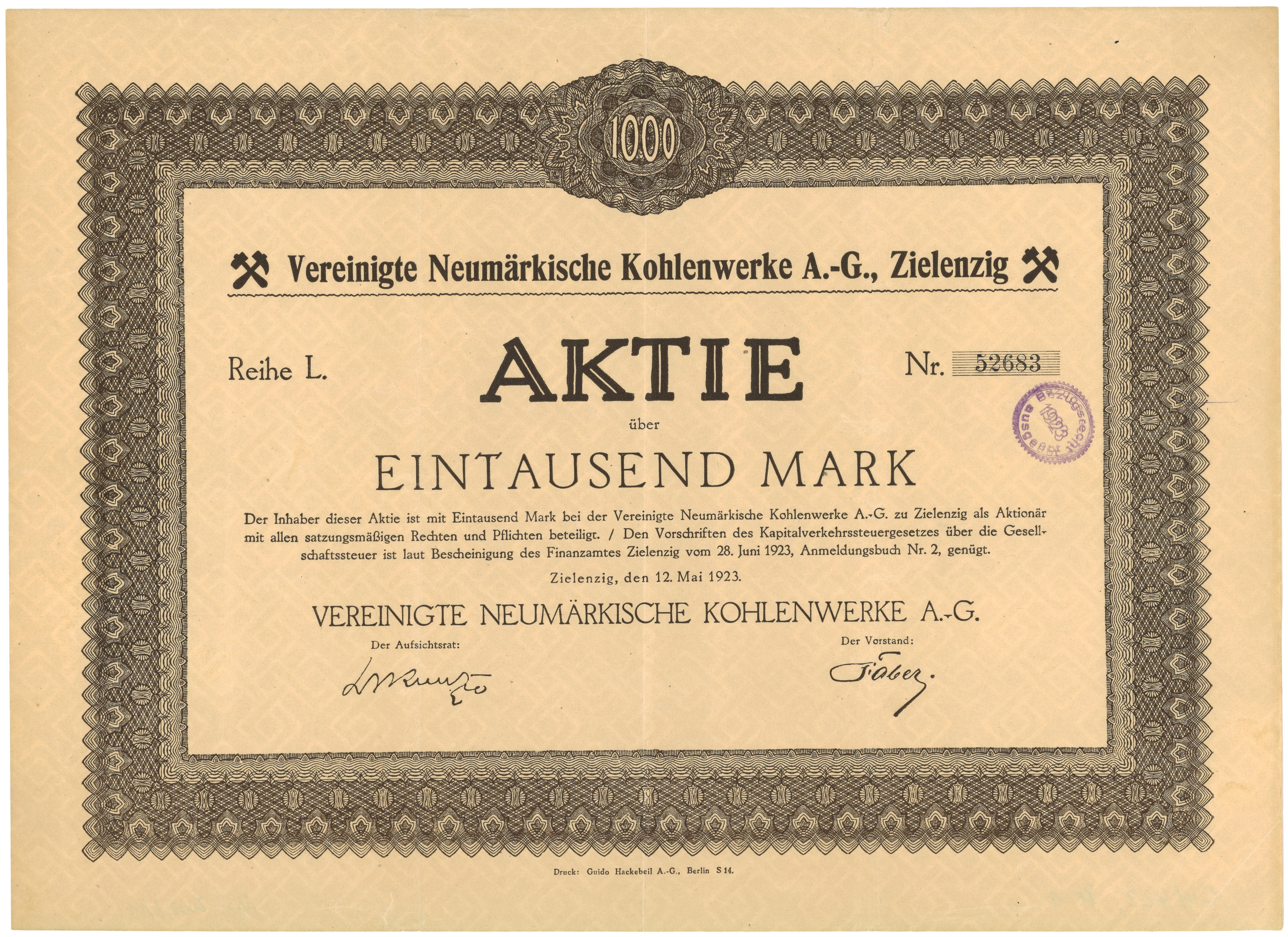 Aktie der Vereinigten Neumärkischen Kohlenwerke AG Zielenzig 1923 (Landesgeschichtliche Vereinigung für die Mark Brandenburg e.V., Archiv CC BY)