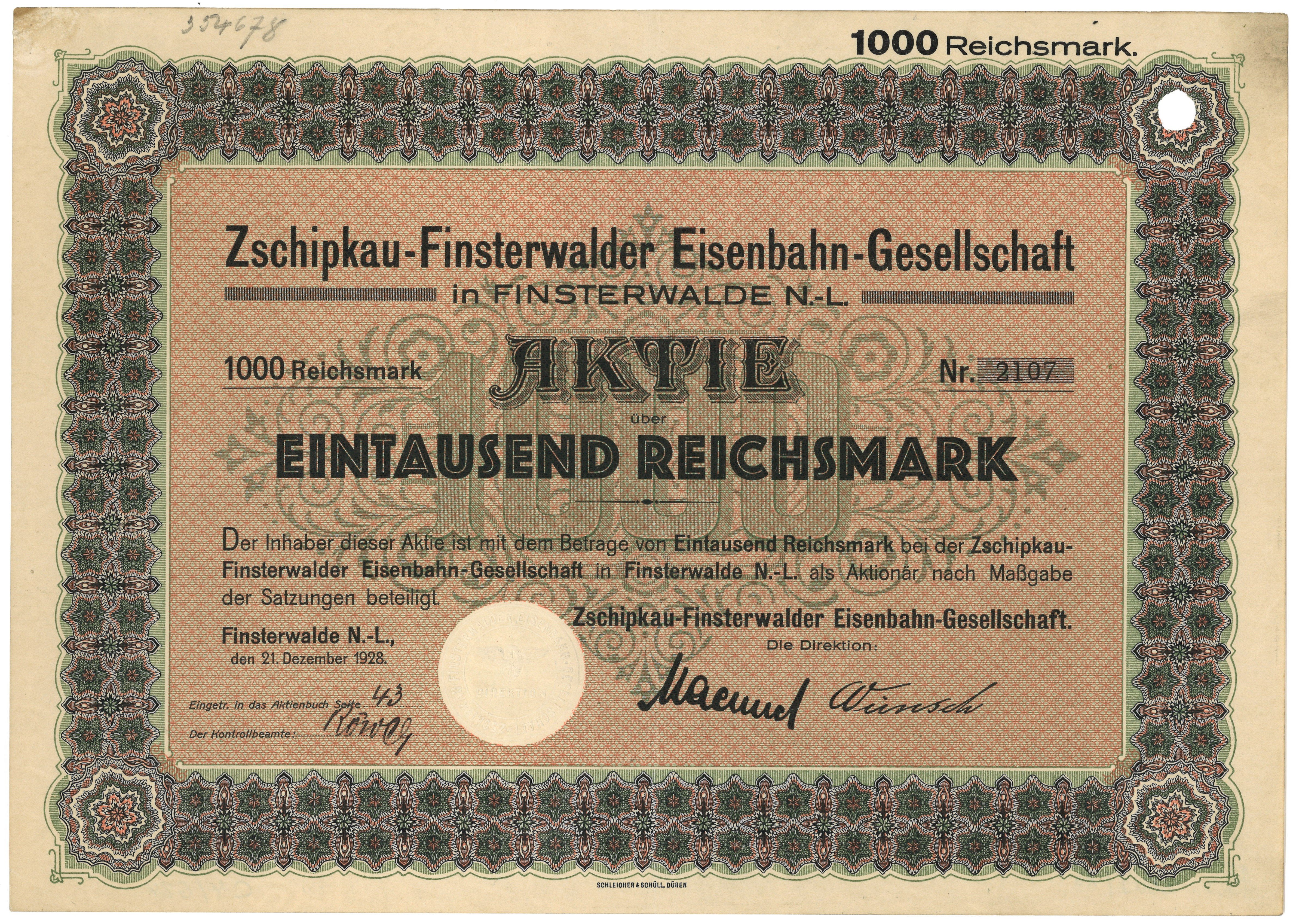 Aktie der Zschipkau-Finsterwalder Eisenbahn-Gesellschaft in Finsterwalde 1928 (Landesgeschichtliche Vereinigung für die Mark Brandenburg e.V., Archiv CC BY)