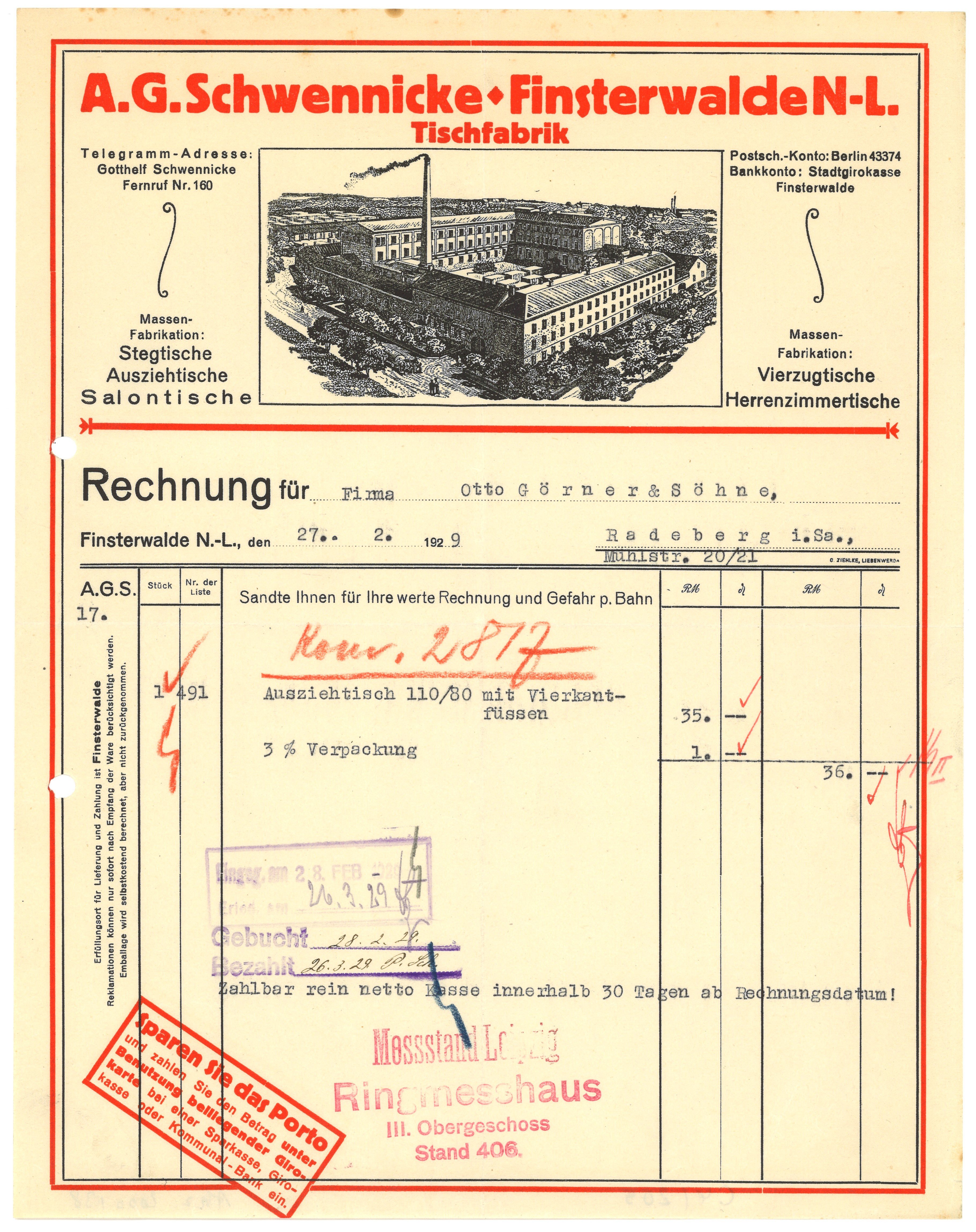 Rechnung der Tischfabrik A. G. Schwennicke in Finsterwalde 1929 (Landesgeschichtliche Vereinigung für die Mark Brandenburg e.V., Archiv CC BY)