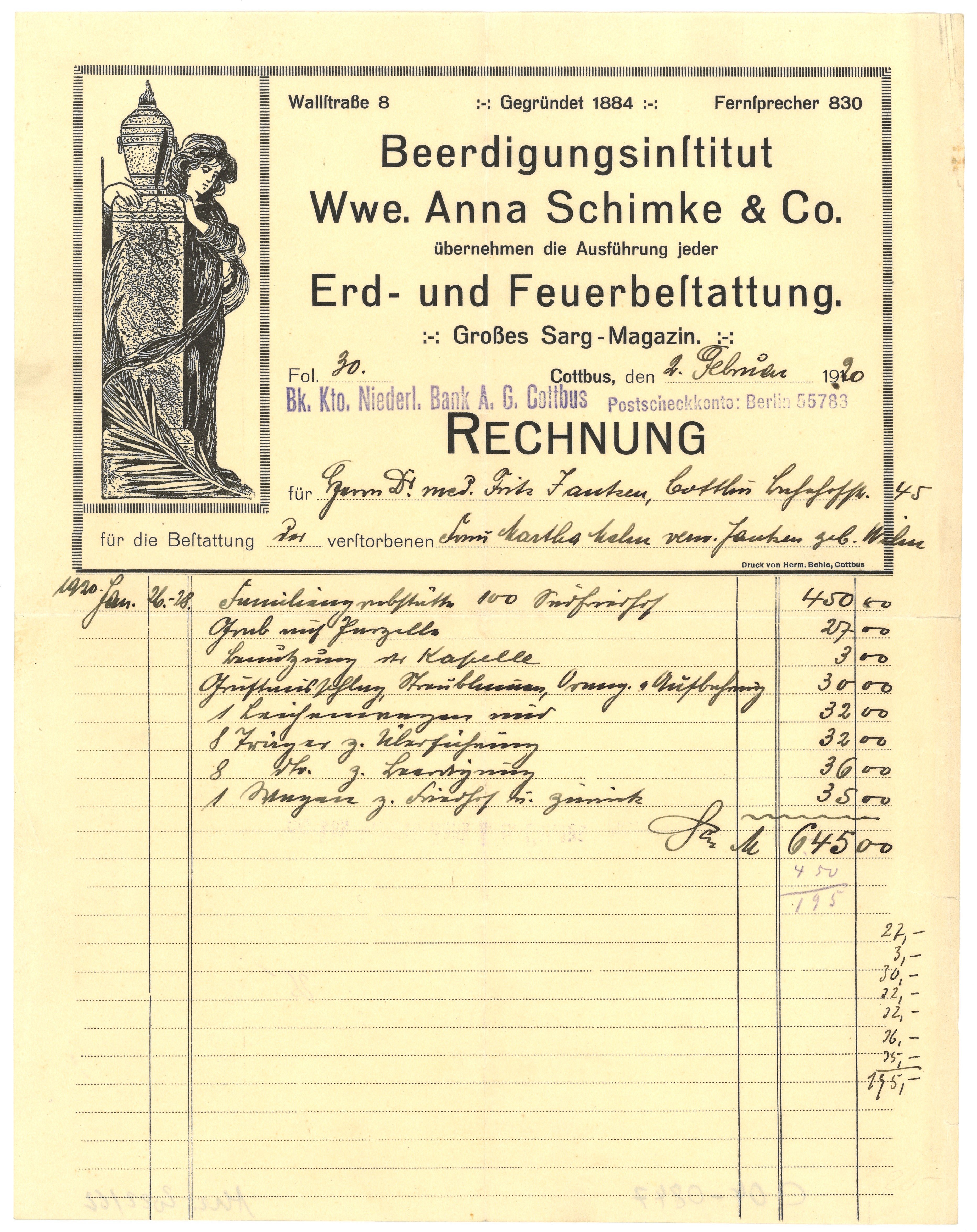 Rechnung des Beerdigungsinstituts Wwe. Anna Schimke & Co. in Cottbus 1920 (Landesgeschichtliche Vereinigung für die Mark Brandenburg e.V., Archiv CC BY)