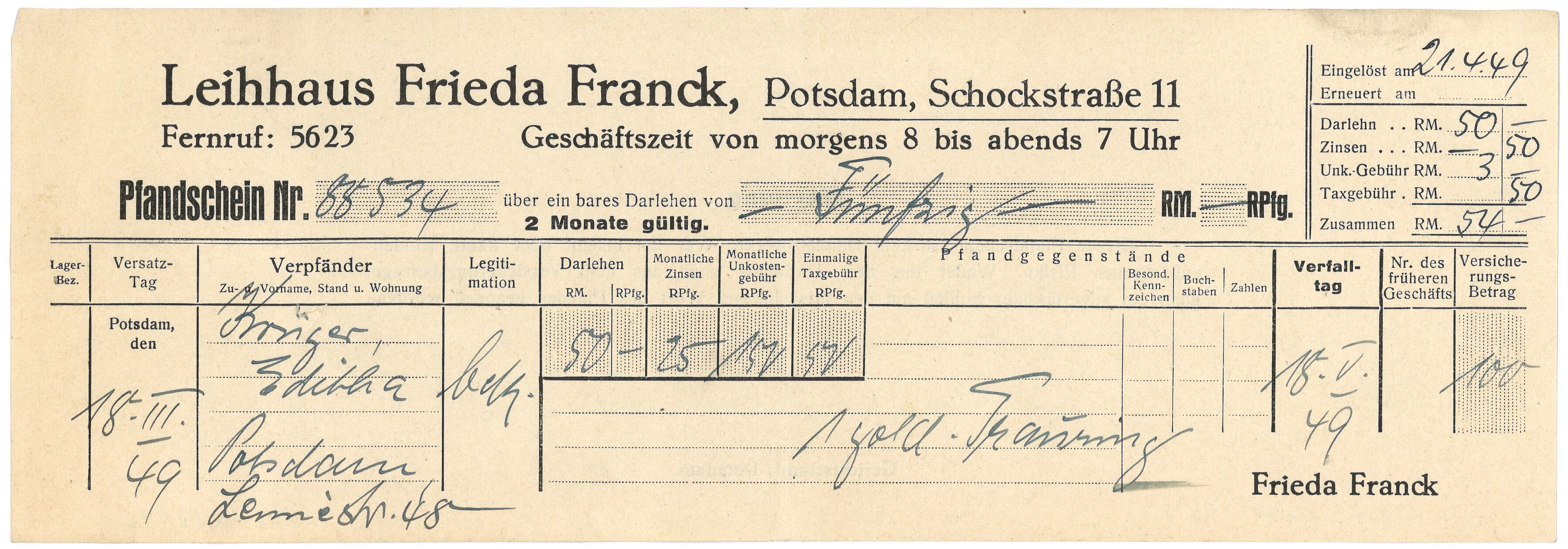 Pfandschein des Leihhauses Frieda Franck in Potsdam 1949 (Landesgeschichtliche Vereinigung für die Mark Brandenburg e.V., Archiv CC BY)