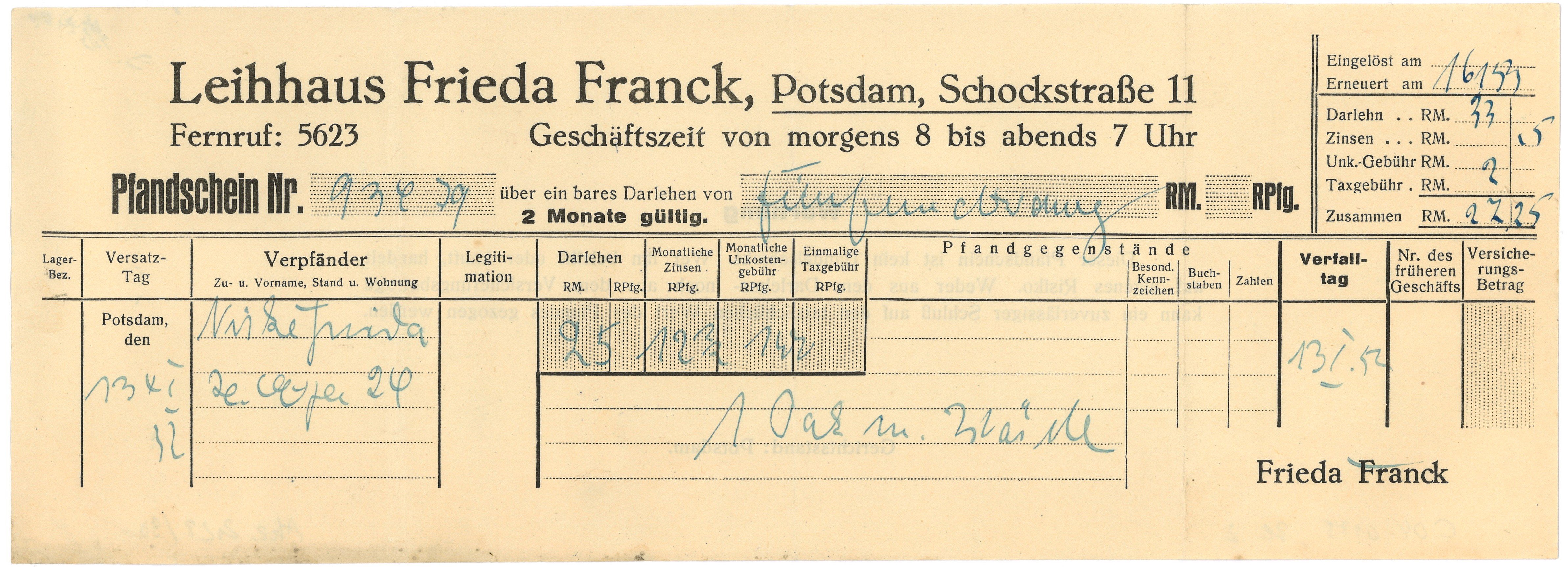Pfandschein des Leihhauses Frieda Franck in Potsdam 1952/53 (Landesgeschichtliche Vereinigung für die Mark Brandenburg e.V., Archiv CC BY)